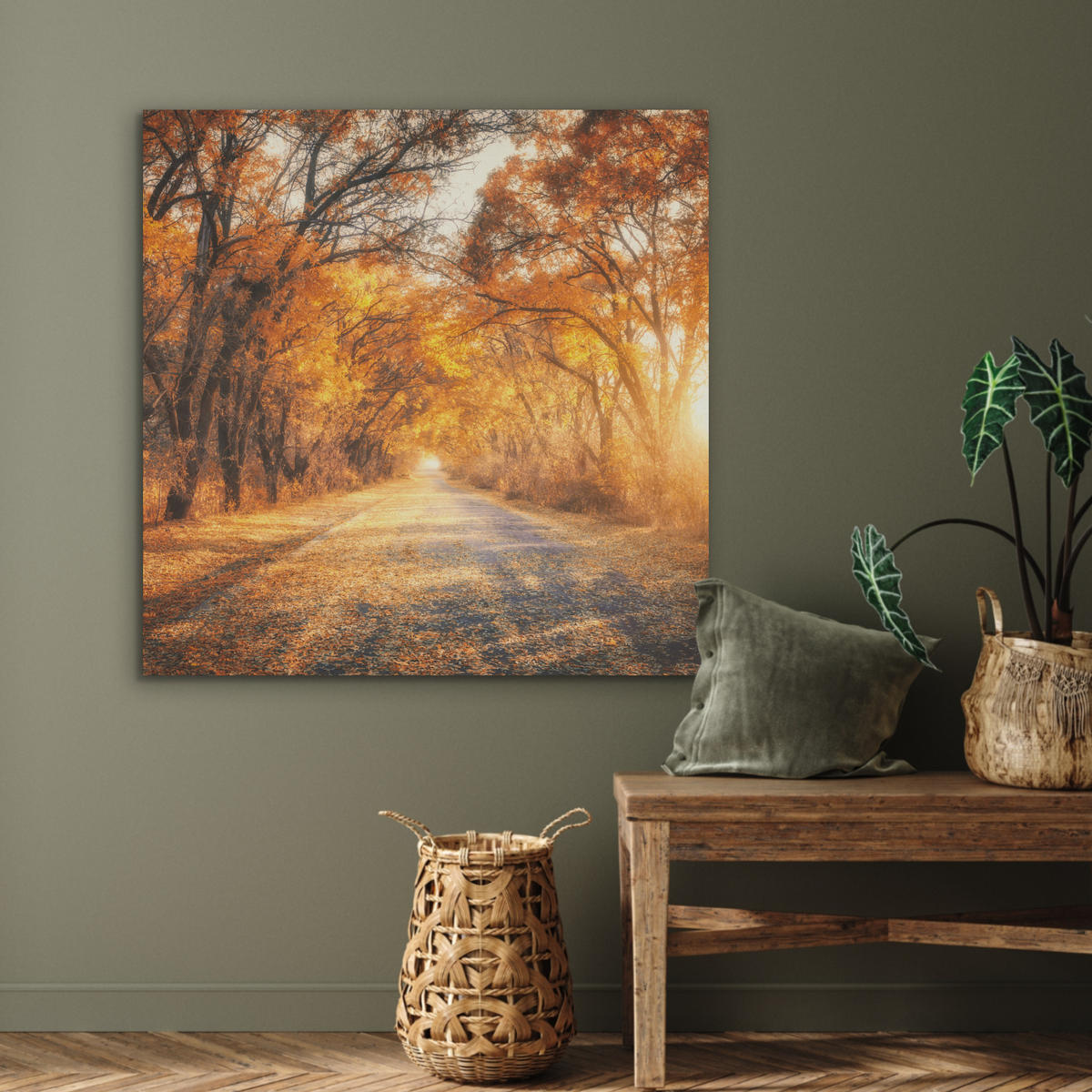 AKUSTIKPANEEL Wald - Herbst - Bäume - Waldweg - Natur 90x90 cm - Bernsteinfarben, Textil (90/0.9/90cm) - MuchoWow