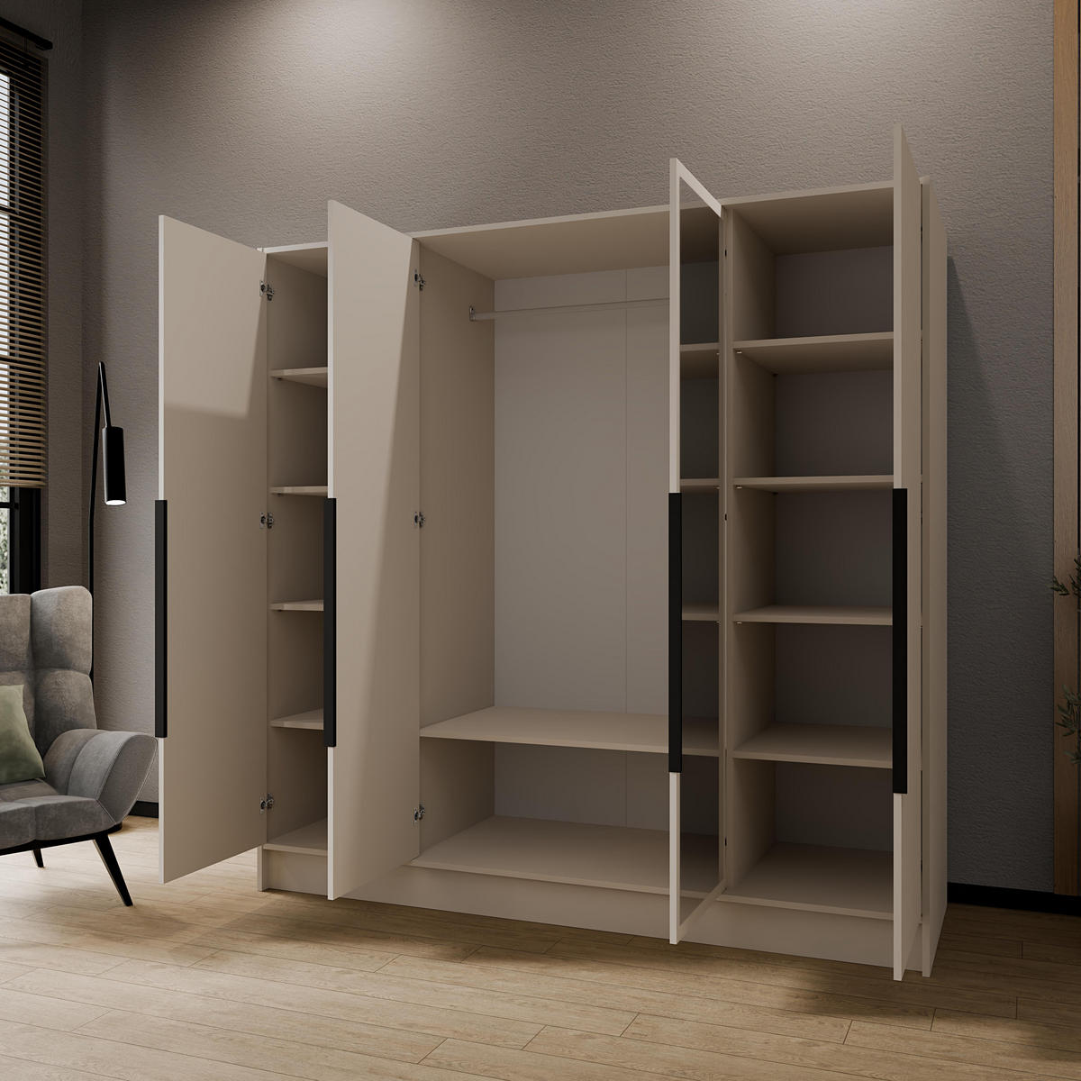 DREHTÜRENSCHRANK Luxia mit Spiegel, Kaschmir mit schwarzen Griffen, 200 cm - Kaschmir/Schwarz, Holzwerkstoff (200/200/51cm) - AN Furniture Store