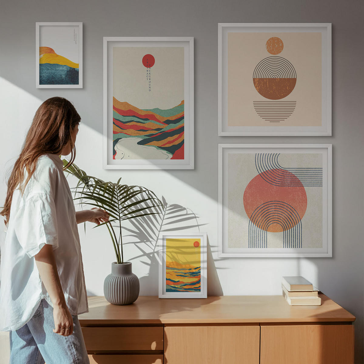 WANDBILDER 5er-Set - 50x50 cm & 20x30 cm & 40x60 cm Weißer Rahmen - Abstrakte Berglandschaften - Weiß, Kunststoff (40/60cm) - ArtPrintCave
