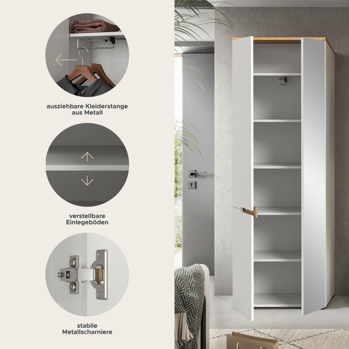 GARDEROBENSCHRANK Nova Garderobe in Basalt grau Nb. und Artisan Nb. B/H/T: 65x190x37 cm - Weiß, Holzwerkstoff (65/190/37cm) - Homes & Jones