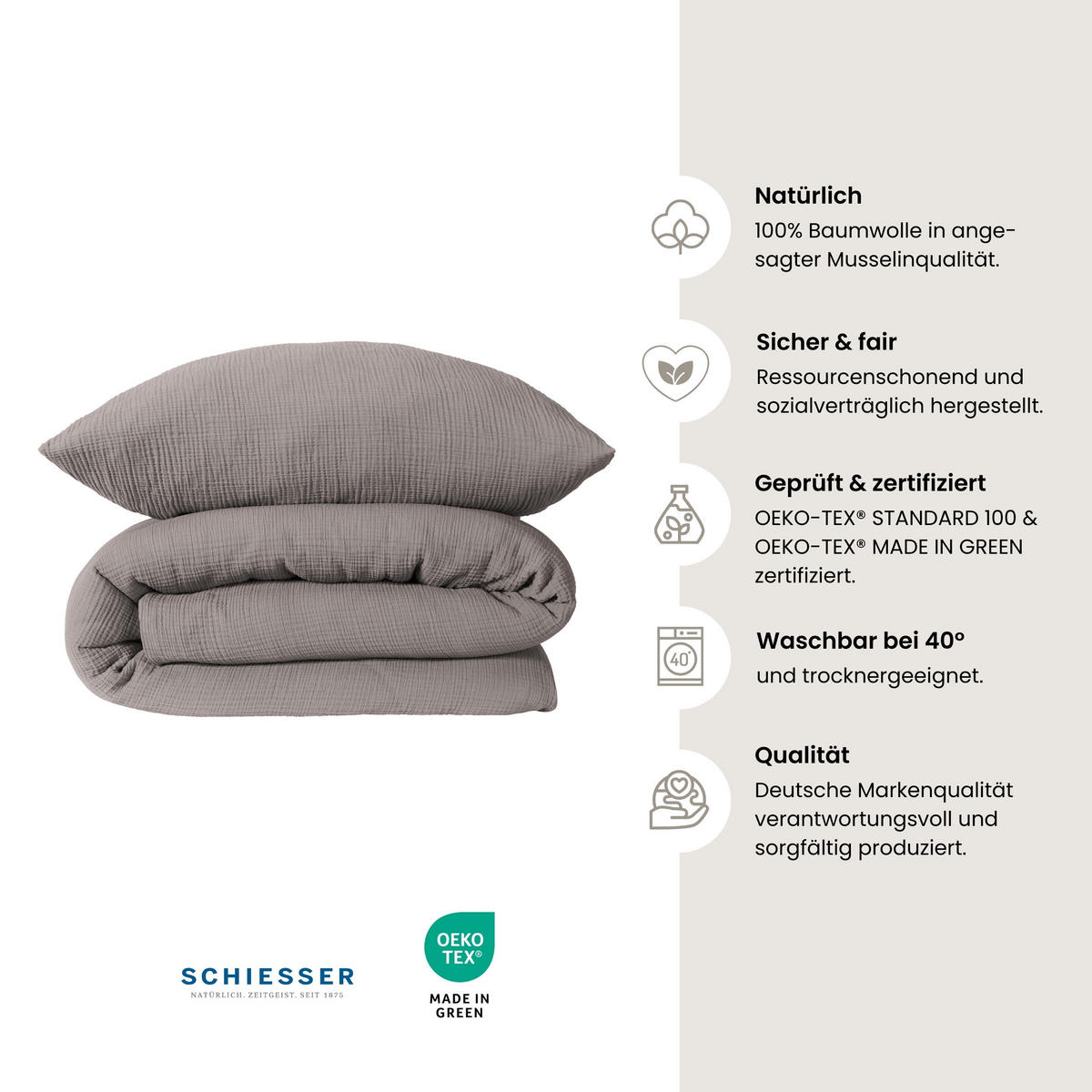 BETTWÄSCHESET Molly - Musselin - 2-teilig - 135 x 200 cm - Grau - Grau, Textil (135/200cm) - SCHIESSER