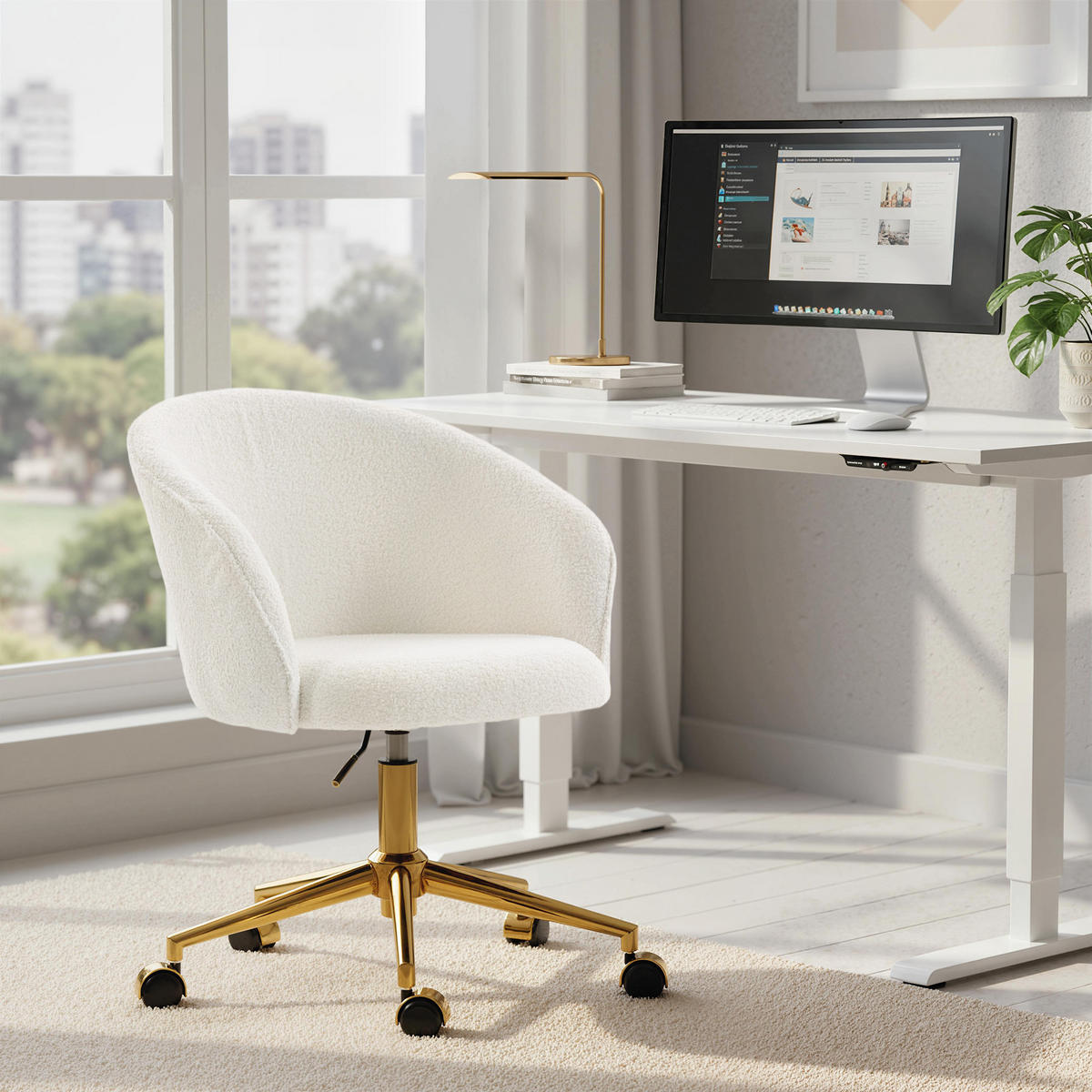 DREHSTUHL DE-11836 mit Teddy-Stoff & höhenverstellbar Creme - Creme, Metall (58.5/86/60cm) - ComfortXL