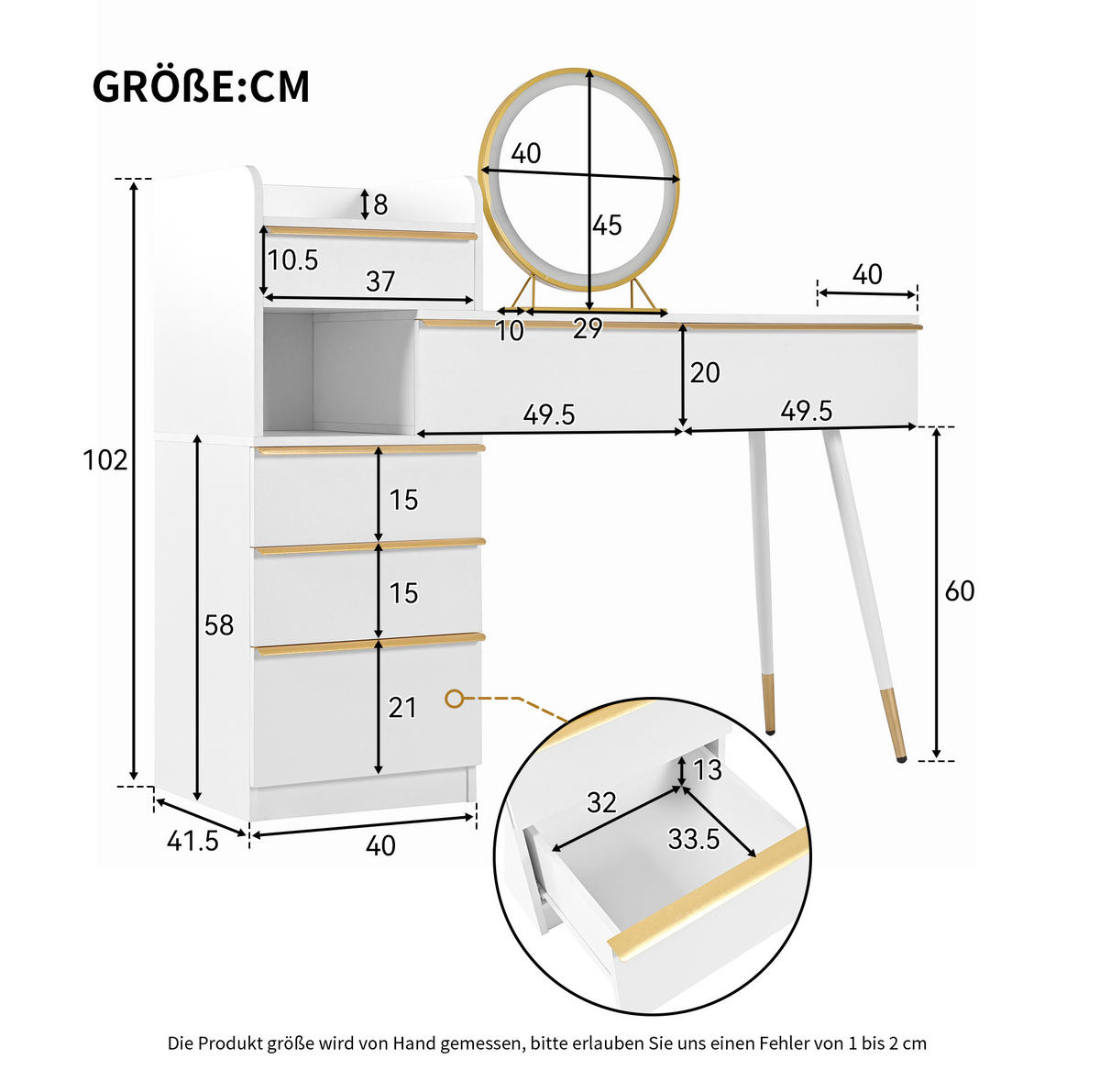 KOZMETIČNA miza, 100/41,5/102 cm, bela, iz ivernih plošč z LED ogledalom in 6 predali - bela, leseni material (41.5/102/100cm) - BEAOK