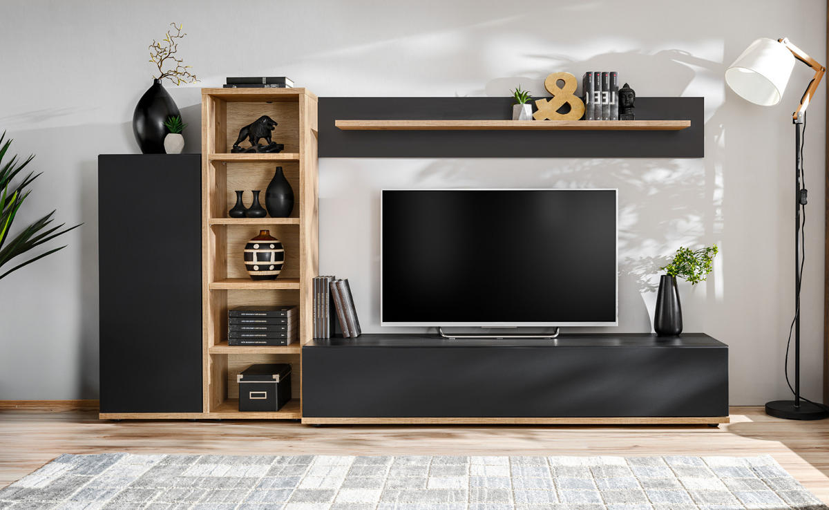 WOHNWAND schwarz, Ribbeck Eiche 240 cm, Schrankwand mit Push-to-Open - Eichefarben/Schwarz, Holzwerkstoff/Kunststoff (240/129/40cm) - Furn.Design