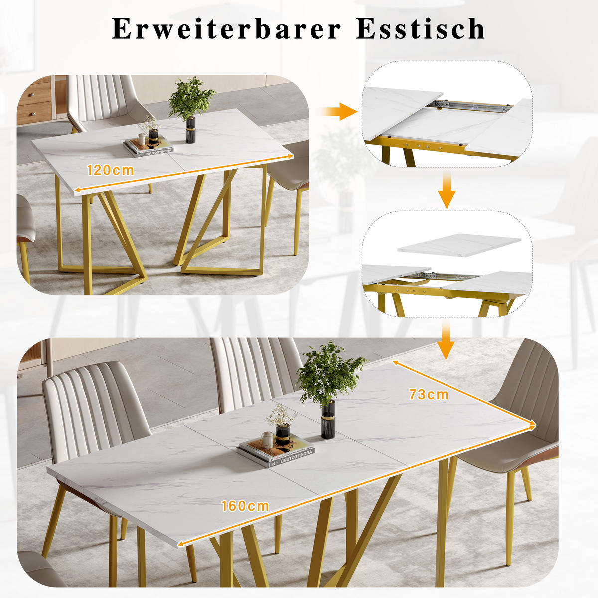ESSTISCH SET Marmoroptik Weiß mit 4 Stühlen Wildlederoptik Braun - Braun, Holzwerkstoff (160/74/73cm) - Urban Meuble