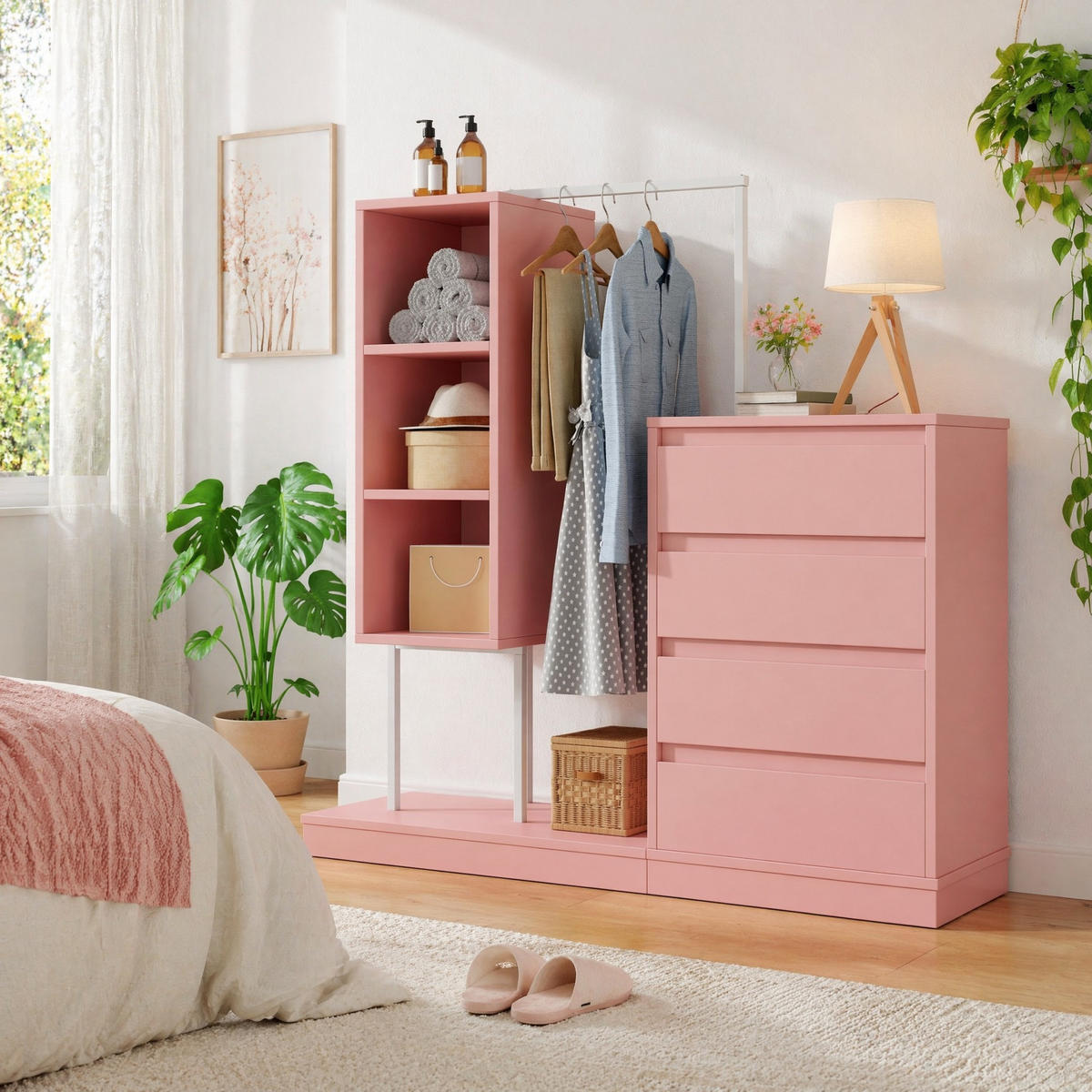 GARDEROBENSCHRANK mit Schubladen Kleiderstange offenen Ablagen Sideboard Rosa 140/40/135 cm - Rosa, Holzwerkstoff/Metall (140/127.5/40cm) - EVRYAE