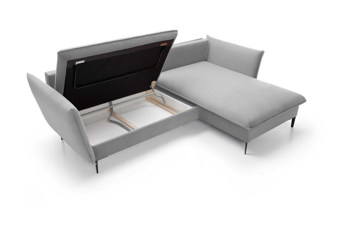 ECKSOFA GLOSS mit Schlaffunktion, Ottomane & goldenen Füßen – Samtsofa im GLOSSour-Stil mit Zierkissen, 258x167x91 cm, Rechte, GRAU - Blau, Holz/Textil (258/167cm) - DomoHome