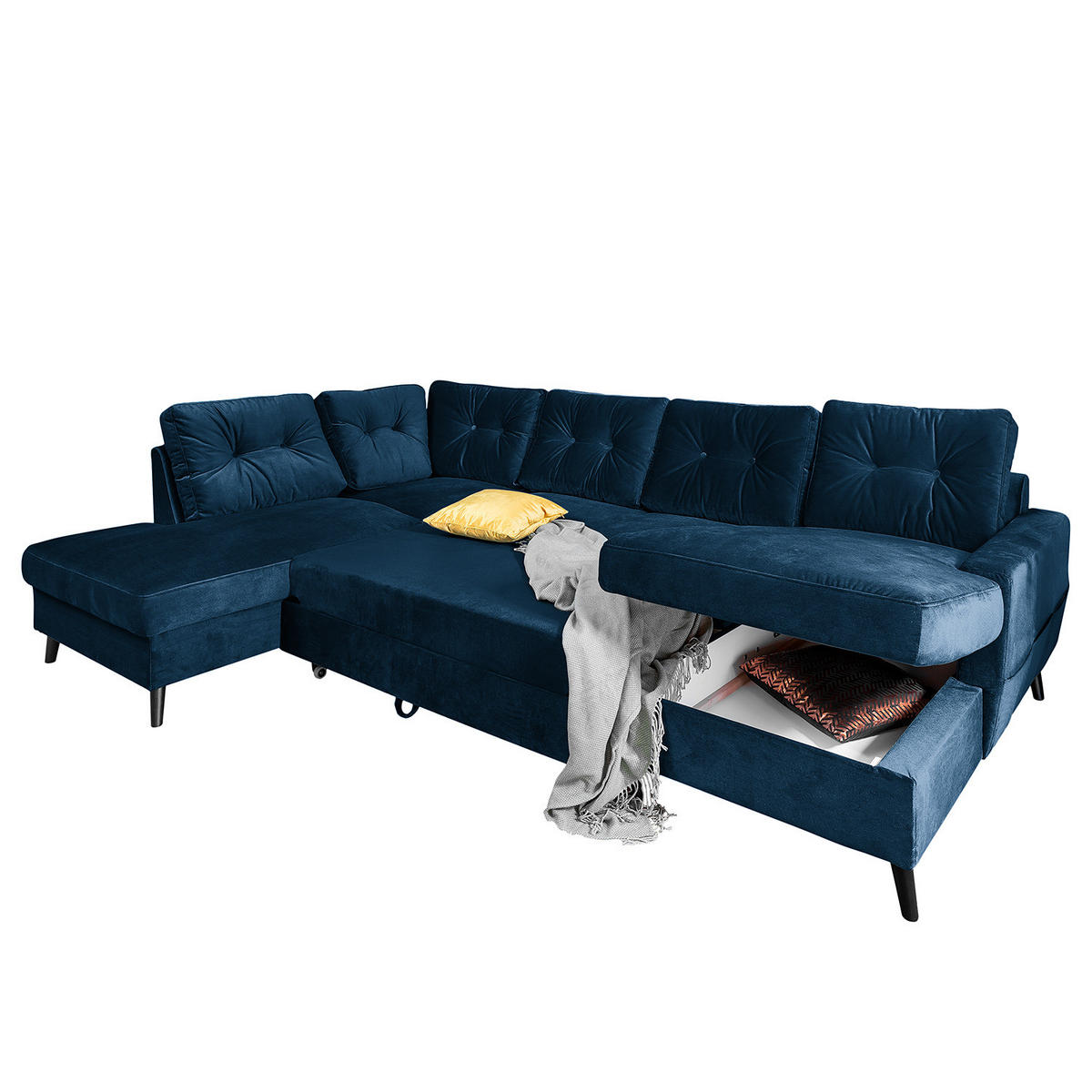 WOHNLANDSCHAFT mit Longchair - Schwarz/Dunkelblau, Buchenholz/Textil (297/90/200cm) - home24