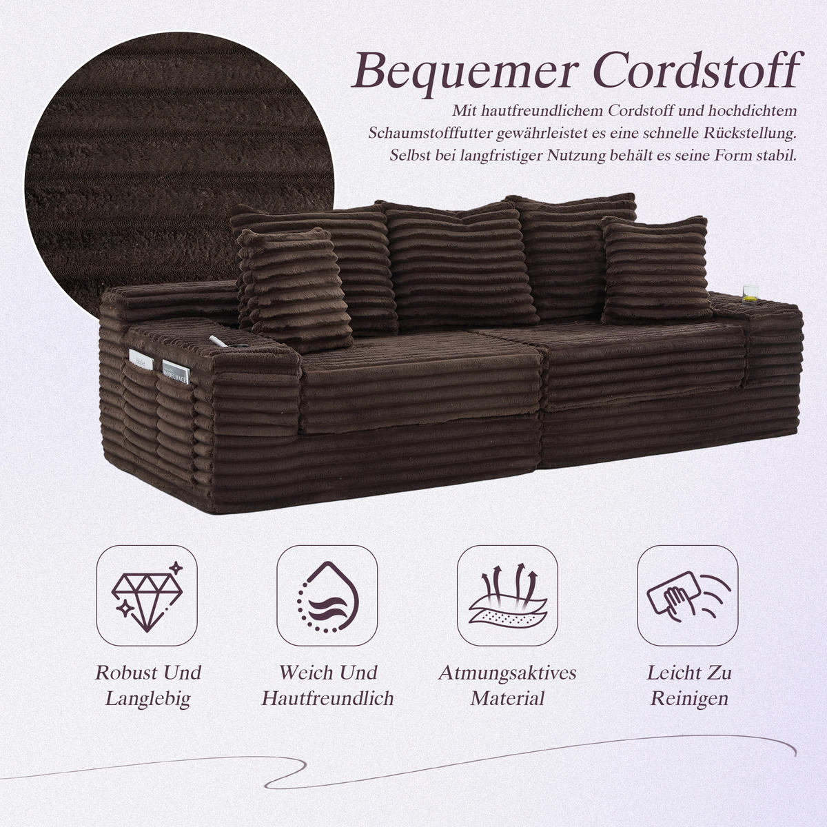 SCHLAFSOFA aus Cord mit Getränkehaltern und Kissen, Kaffeebraun - Mokka, Textil (107.48/34.25/38.58cm)