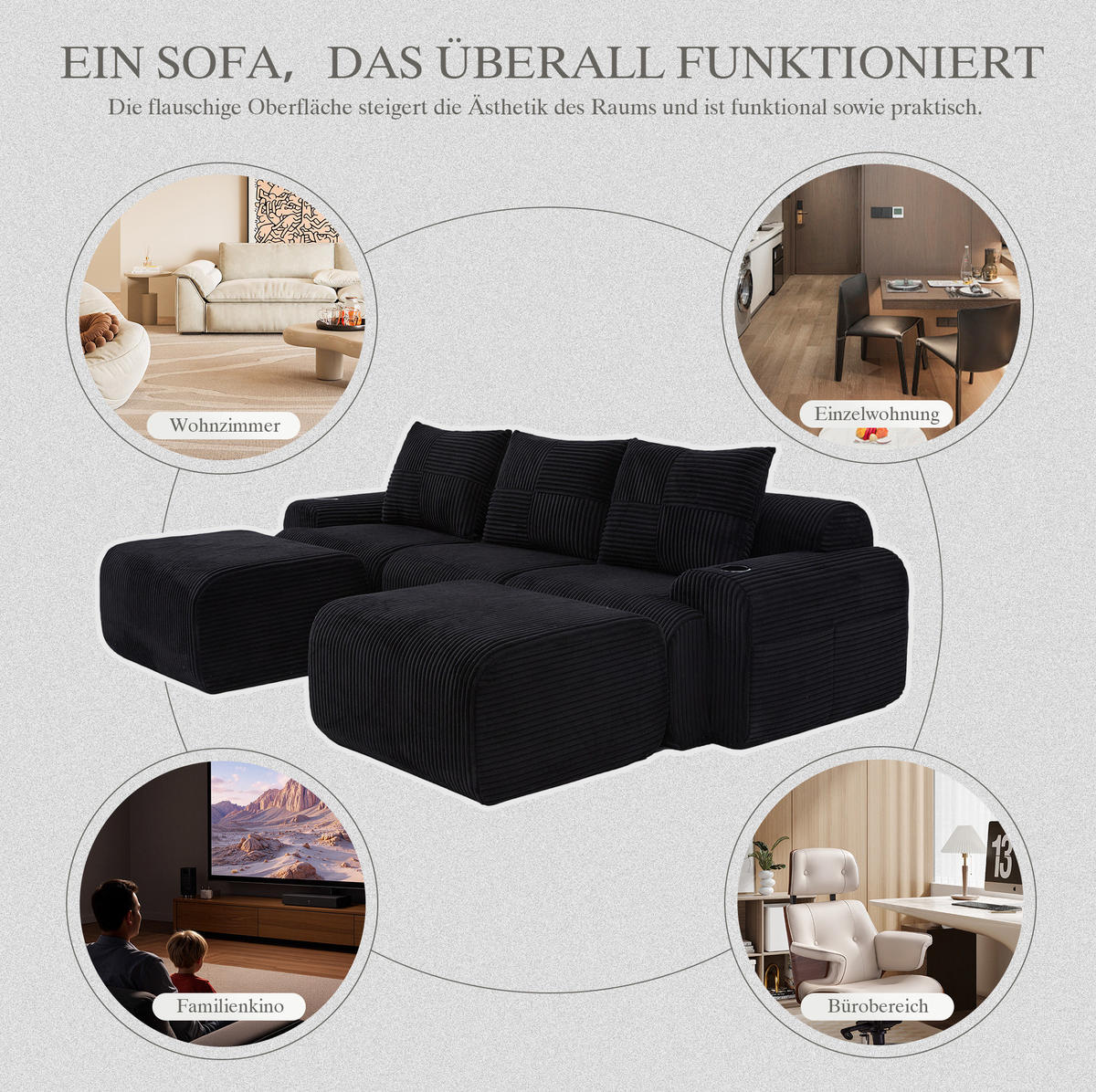 3-SITZER Wohnlandschaft Cord mit Getränkehalter und Aufbewahrungstasche 268/174/80 cm Schwarz - Schwarz, Textil (174/80/268cm) - Redom
