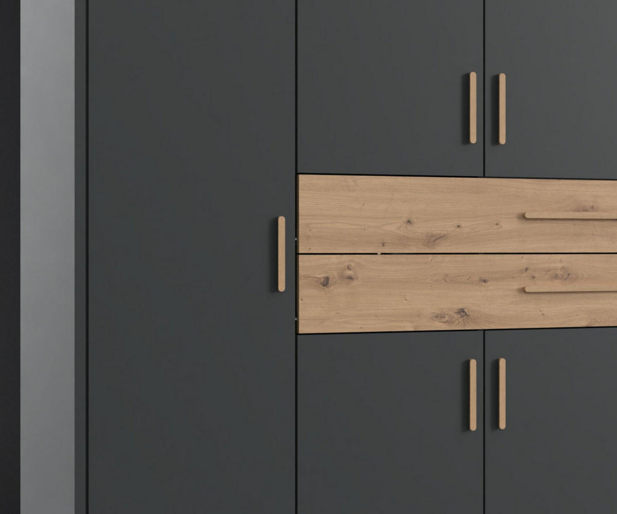 SKŘÍŇ s křídlovými dveřmi B273/H210/T58 cm v barvě grafit, šatní skříň se 2 velkými zásuvkami a úchytkami v dekoru dub Artisan / 22646 - grafitová/dub artisan, kompozitní dřevo/plast (273/210/58cm) - luma-home