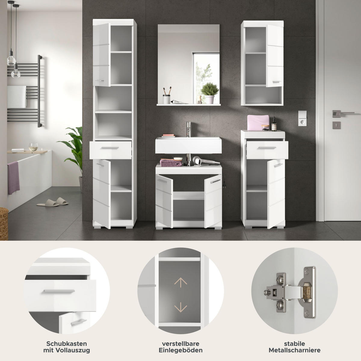 BADKOMBINATION 5tlg. Scout Bad in weiß Nachbildung und weiß hochglanz B/H/T: 164x191x34 cm - Weiß, Holz (164/191/34cm)