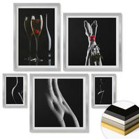 WANDBILDER 5er Set - 50x50 cm & 20x30 cm & 40x60 cm Silberner Rahmen - Schwarze und weiße weibliche Formen - Silberfarben, Kunststoff (40/60cm) - ArtPrintCave