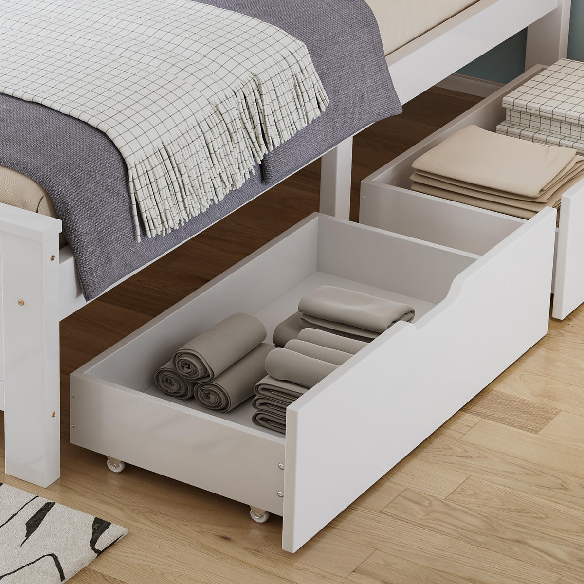 BETT 140/200 cm in Weiß mit 2 Schubladen Kiefer-Massivholz klassisches Design - Weiß, Holzwerkstoff (140/200cm) - STILVORA