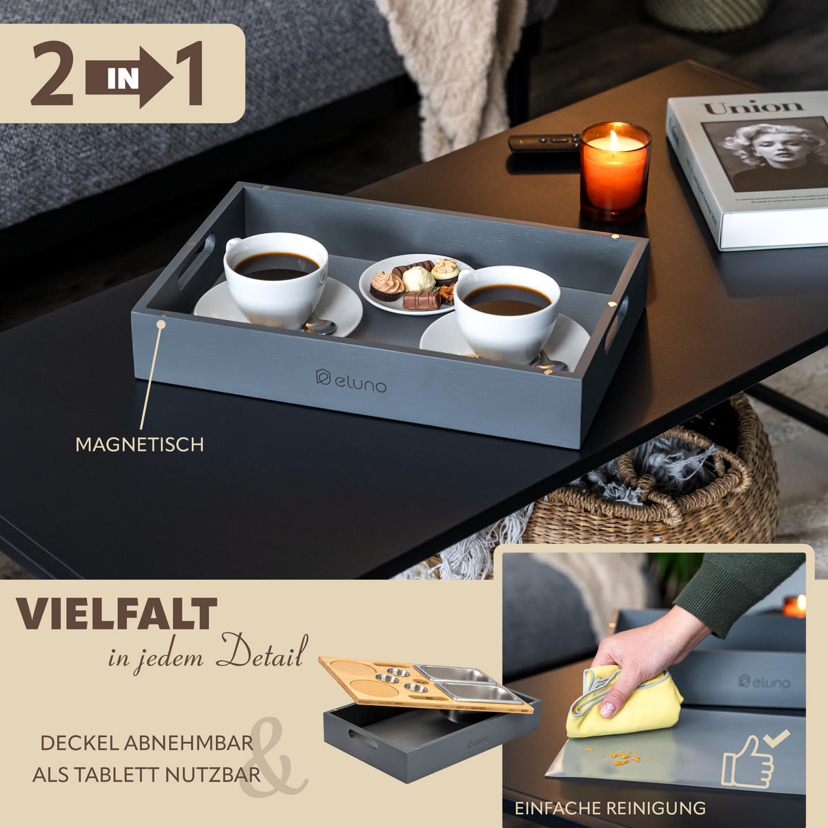 COUCHBAR mit abnehmbarem Deckel, Bambus, grau - Grau, Holz (26/8/40cm) - eluno