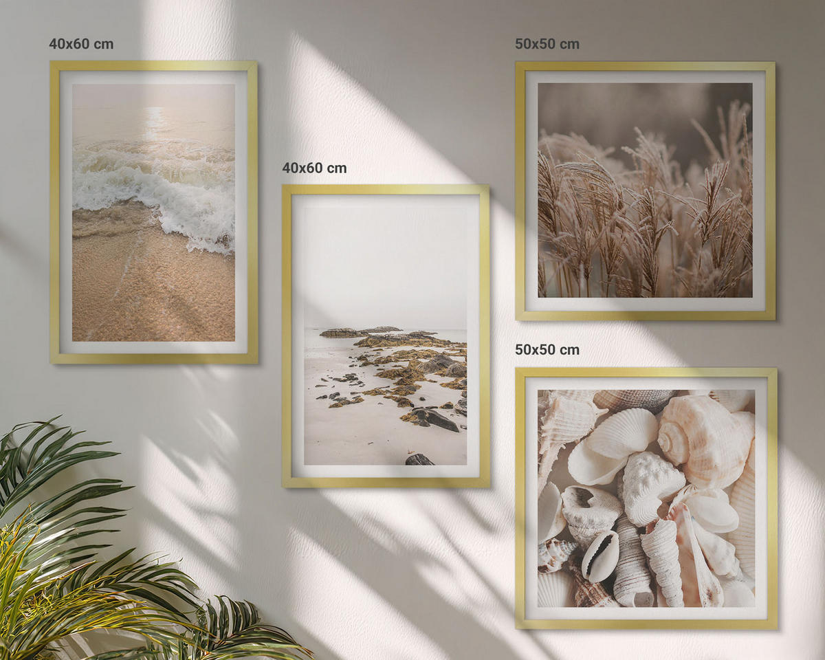 WANDBILDER 4er Set - 50x50 cm & 40x60 cm Goldrahmen - Strandgras, Wellen, Steine, Boho-Stil - Goldfarben, Kunststoff (50/50cm) - ArtPrintCave
