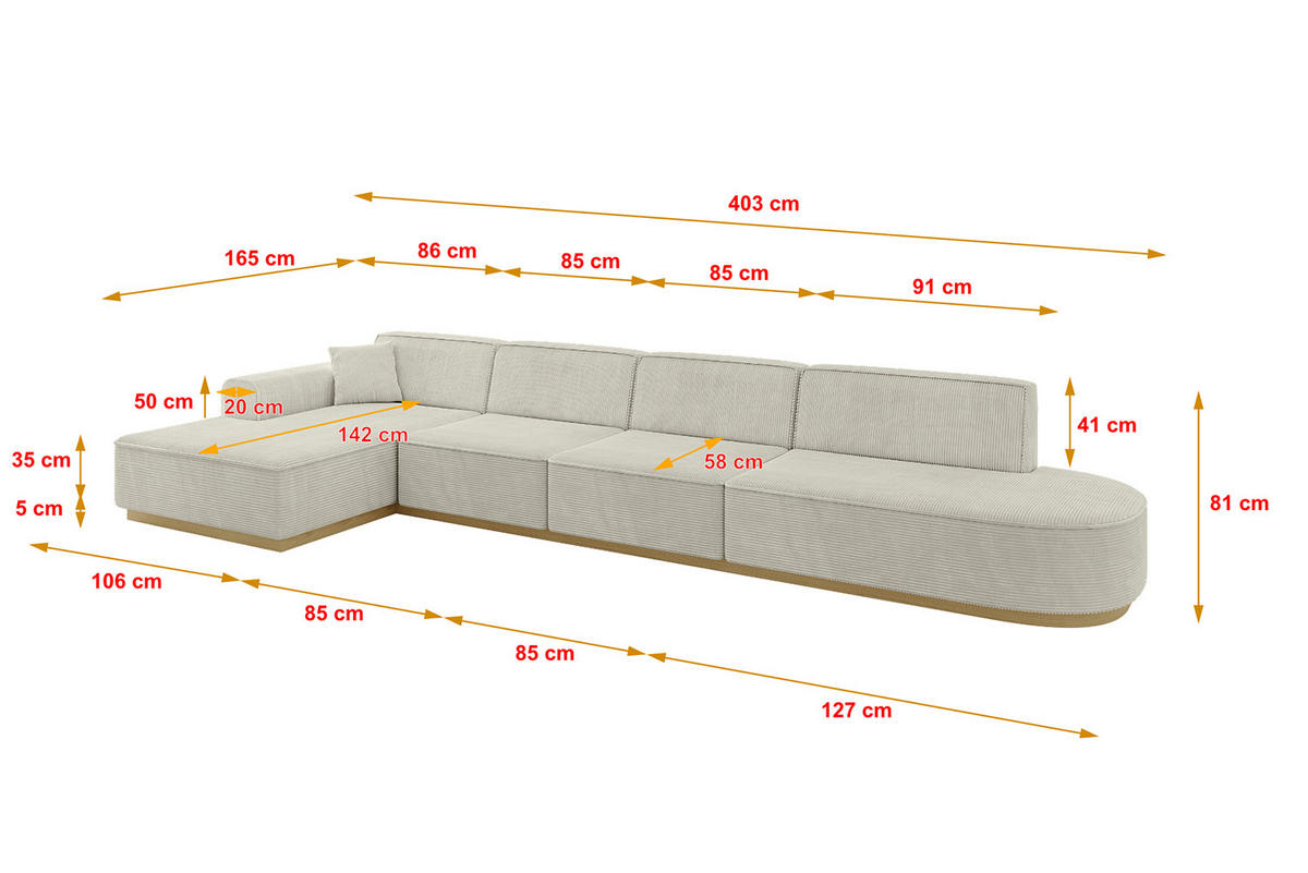 ECKSOFA Ottomane Links IREA-L3-v2 - 403x165x81 cm Hellgrau - Hellgrau, Holzwerkstoff/Textil (403/165cm) - ALTDECOR