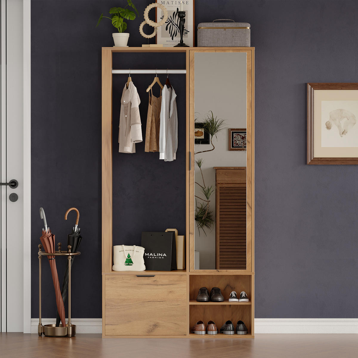 GARDEROBENSCHRANK 100/33/190 cm aus Spanplatte mit Spiegel und Kleiderstange Natur - Naturfarben, Holzwerkstoff (33/190/100cm) - Modenvie