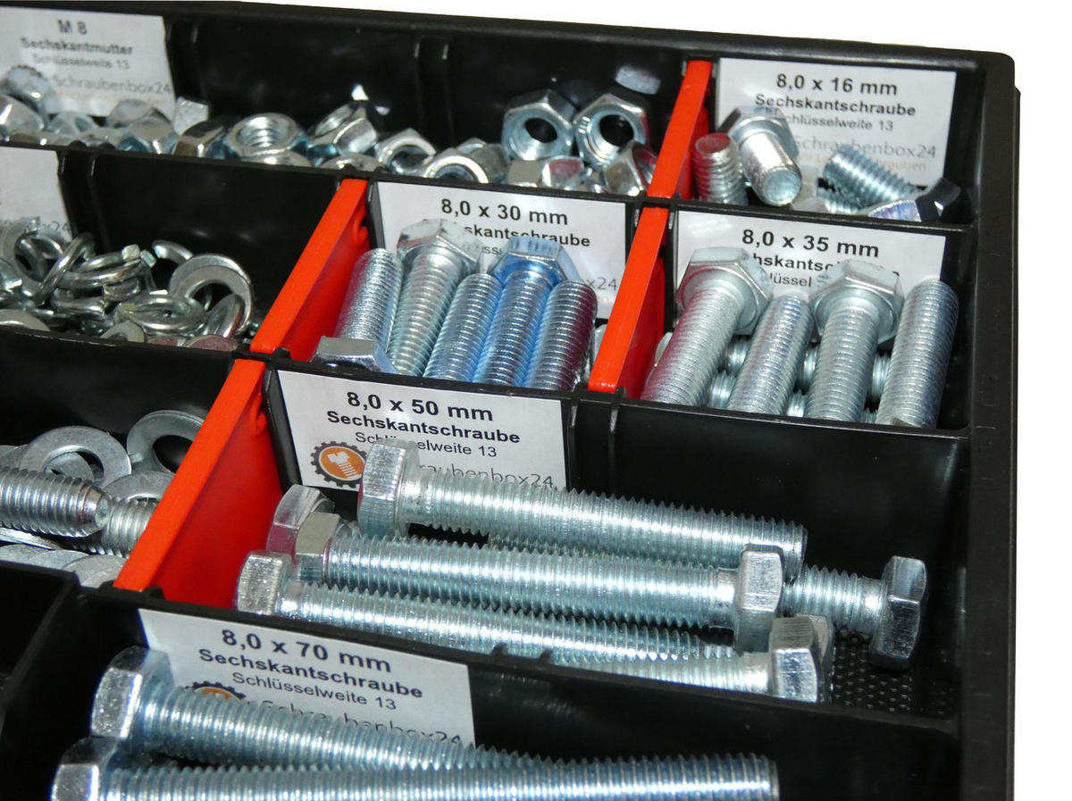 SCHRAUBENSET mit Sechskantschrauben, Muttern, Unterlegscheiben und Federringen M8 // 12mm-70mm 400 tlg - Zinkfarben, Metall (8/3.5cm) - Schraubenbox24
