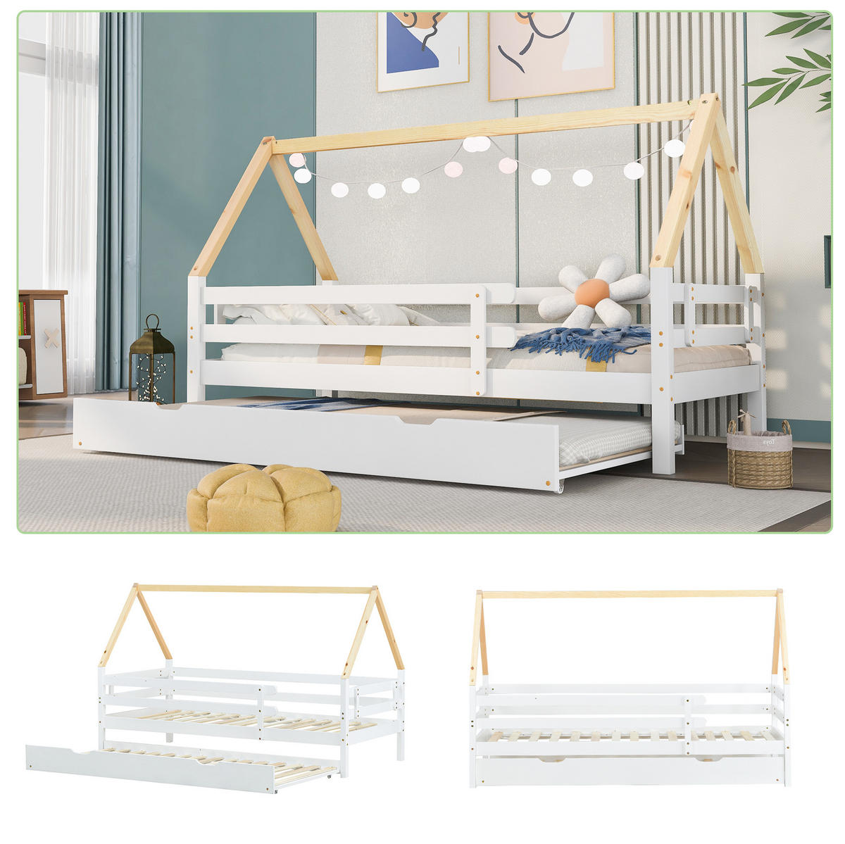 HAUSBETT mit Ausziehbett, Weiß/Natur, 90/200 cm - Weiß, Holz (90/200cm) - MIVRAY