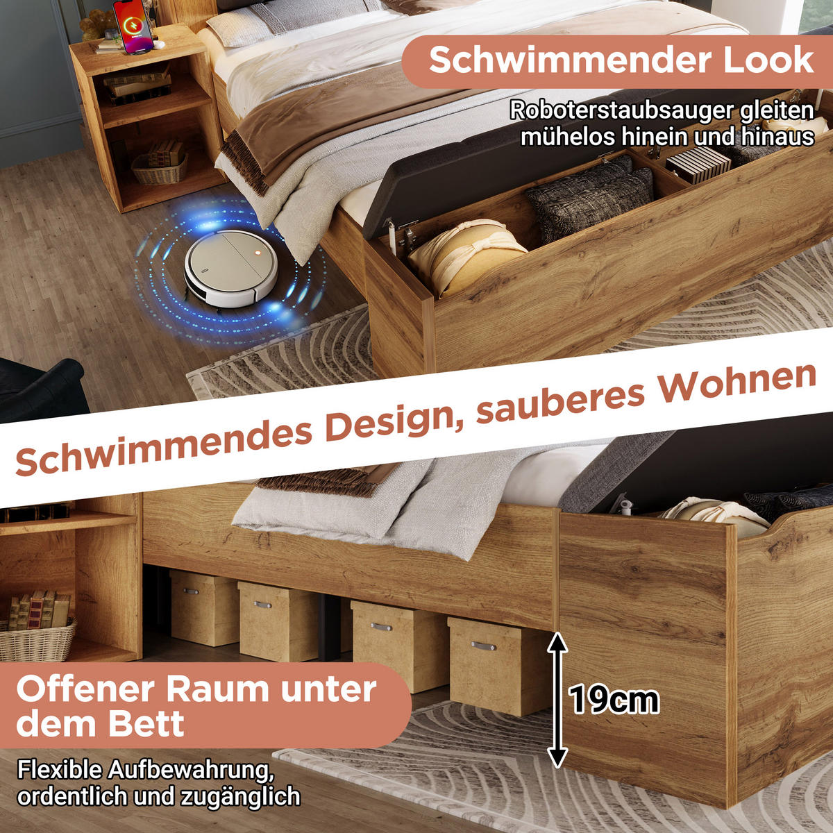 POLSTERBETT eiche-optik & leinen 160X200 mit nachttischen & bettbank - Eichefarben, Holz (160/200cm) - Urban Meuble