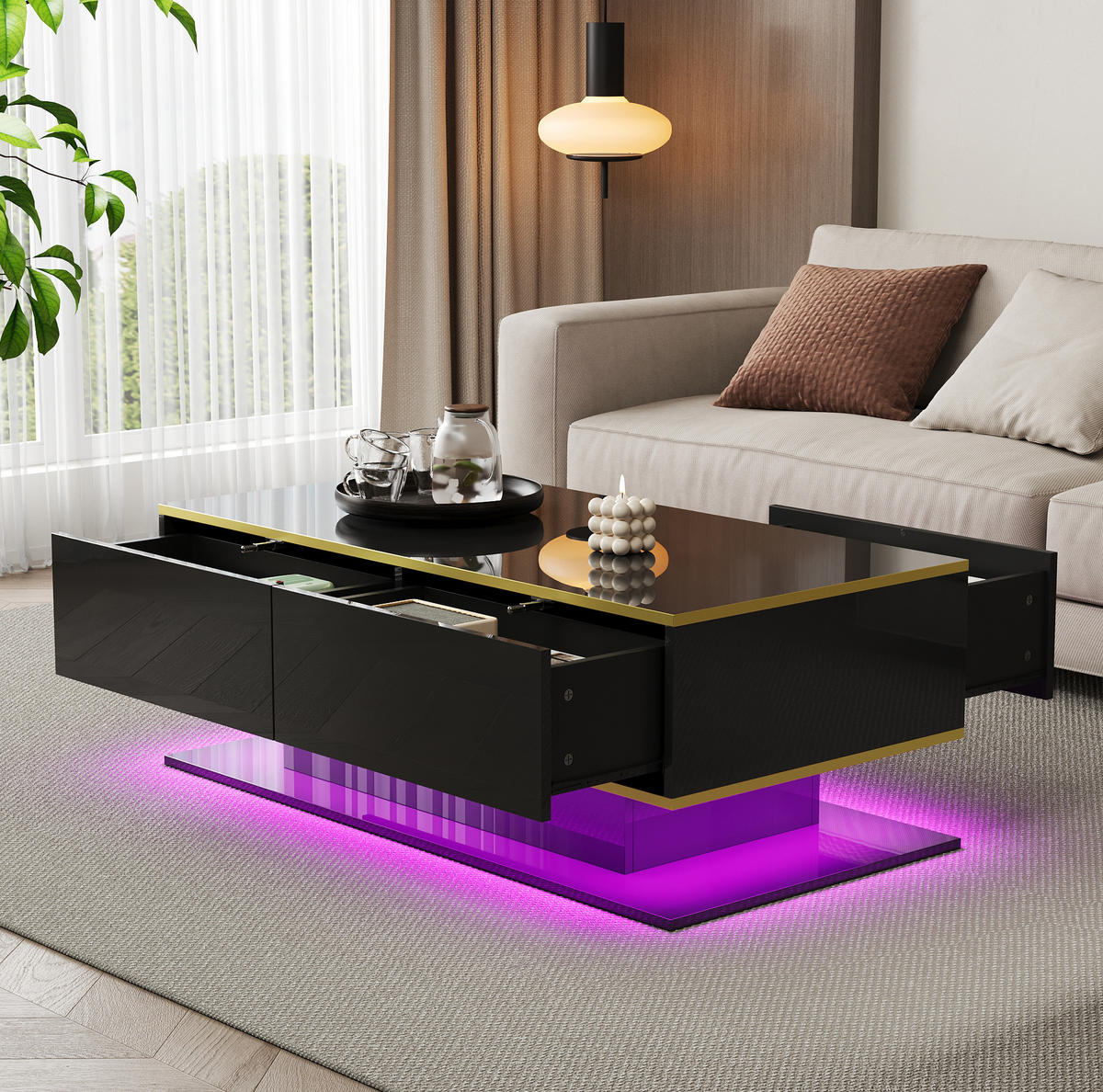 COUCHTISCH 100/50/40 cm mit LED-Beleuchtung, 3 Schubladen und offenem Fach aus Spanplatte, Schwarz/Gold - Schwarz, Holzwerkstoff (100/50/40cm) - Redom