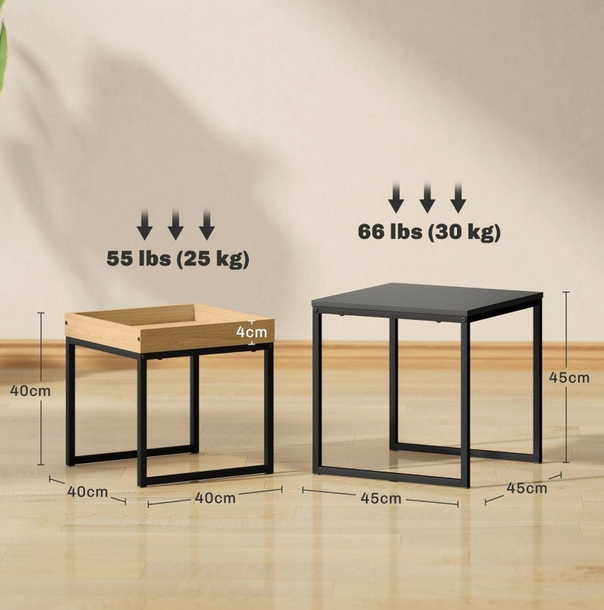 SADA konferenčních stolků 45/45/45 cm černá z oceli s odnímatelným tácem - černá, kov (45/45/45cm) - OKWISH