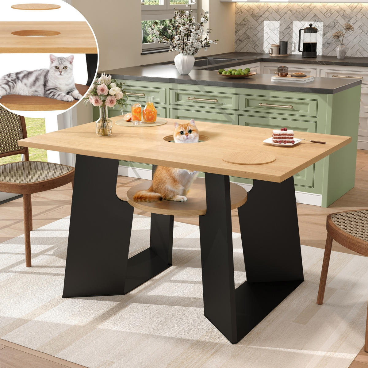 ESSTISCH 130/85/75 cm mit Haustierbereich, Abdeckplatte und Ablage, MDF, Schwarz/Natur - Schwarz, Holzwerkstoff (130/85/75cm) - Redom