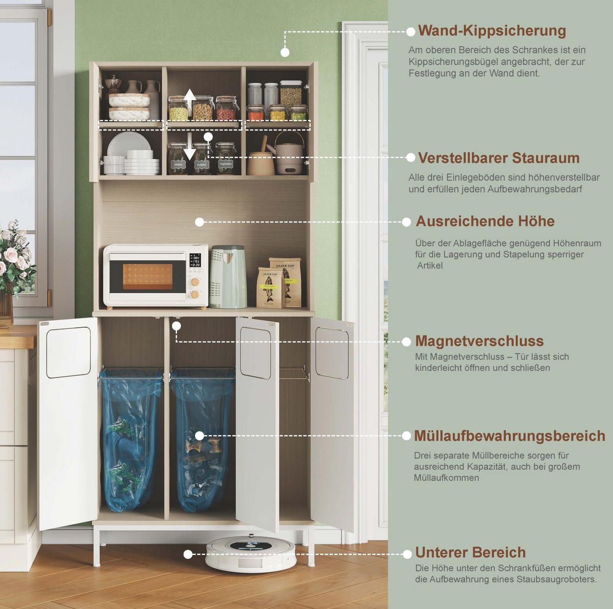 BUFFET 80/35/181 cm Weiß aus MDF mit Mikrowellenfach - Weiß, Holzwerkstoff (80/181/35cm) - OKWISH
