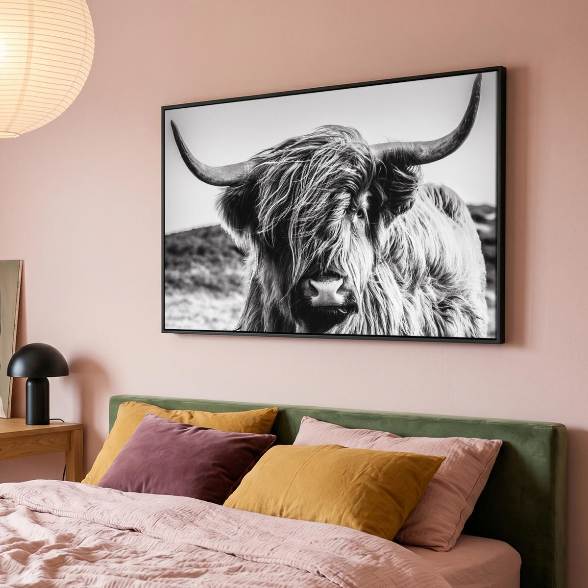LEINWAND Bilder mit Rahmen - Kuh - Schottischer Hochländer - Schwarz - Weiß - Tier - Natur - Wildtiere - 140x90 - Schwarz, Textil (140/90cm) - MuchoWow