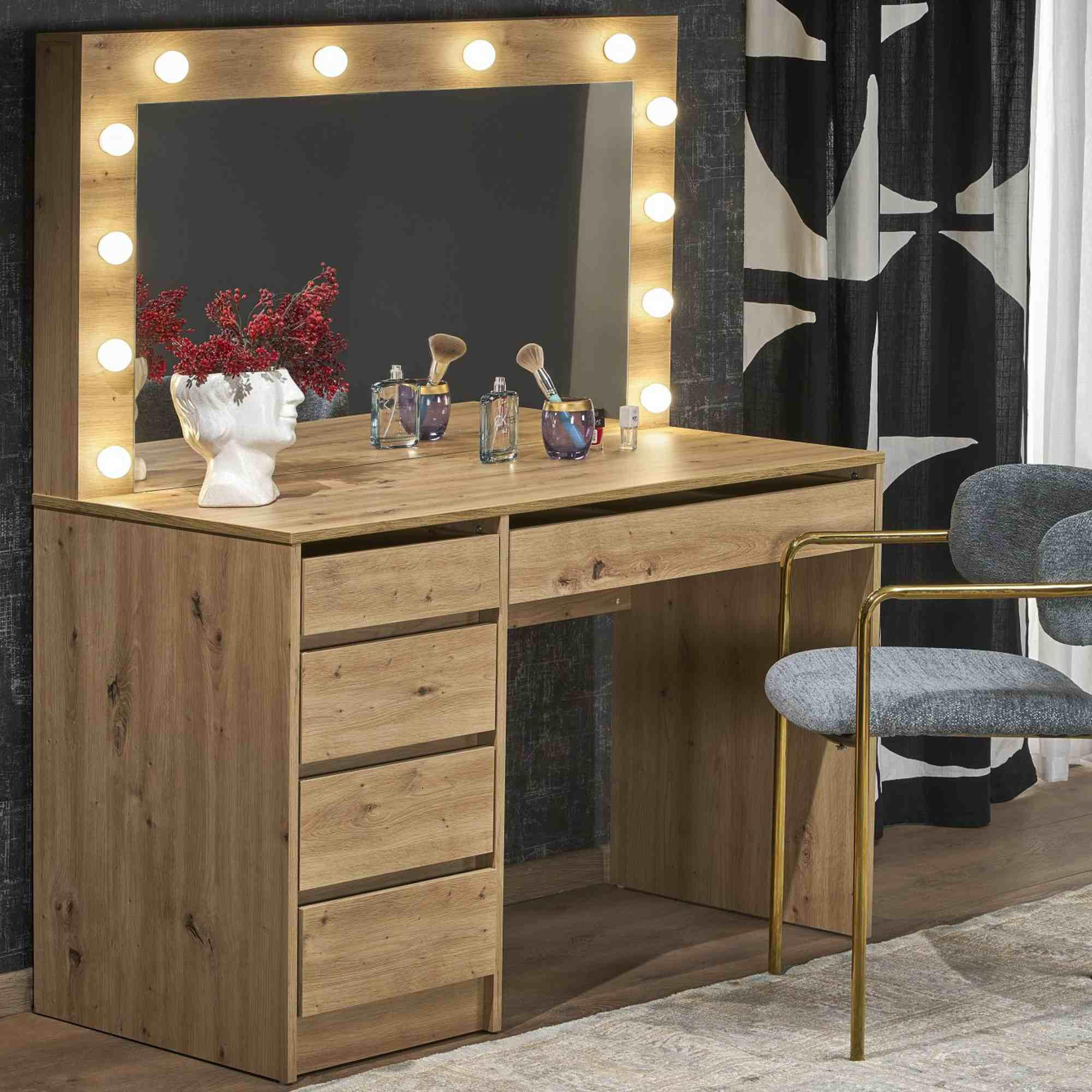 SCHMINKTISCH FABIOSO Groß Eiche - Eichefarben, Glas/Holz (140/120/55cm) - KONSIMO®