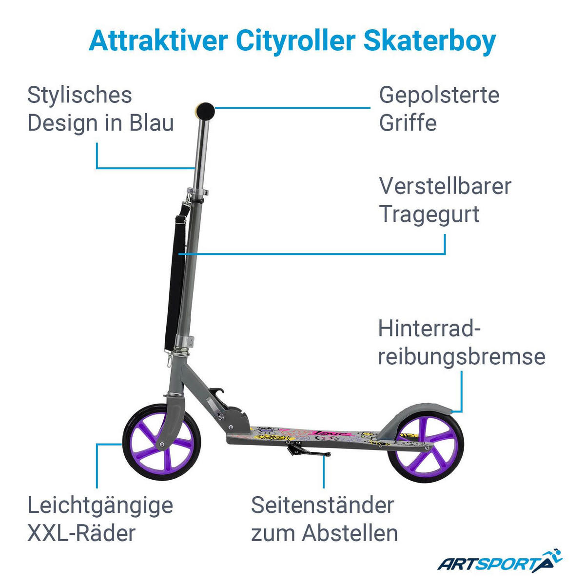 SCOOTER / Cityroller Graffity Grau - Grau, Metall (88/27/106cm) - Artsport