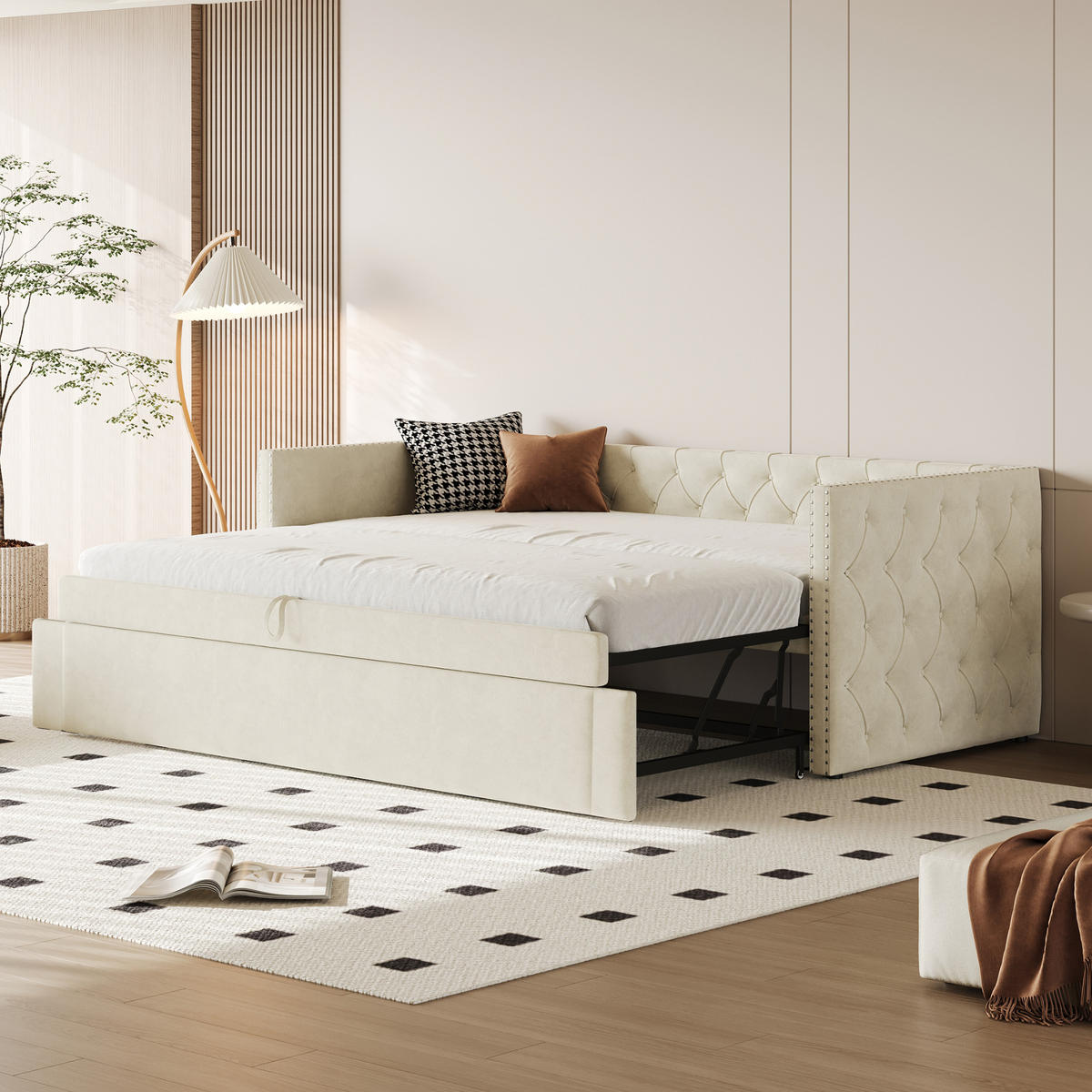 SCHLAFSOFA 90/200 cm in Beige Samt mit Ausziehfunktion und Lattenrost - Beige, Holzwerkstoff/Textil (90/200cm) - WISHDOR