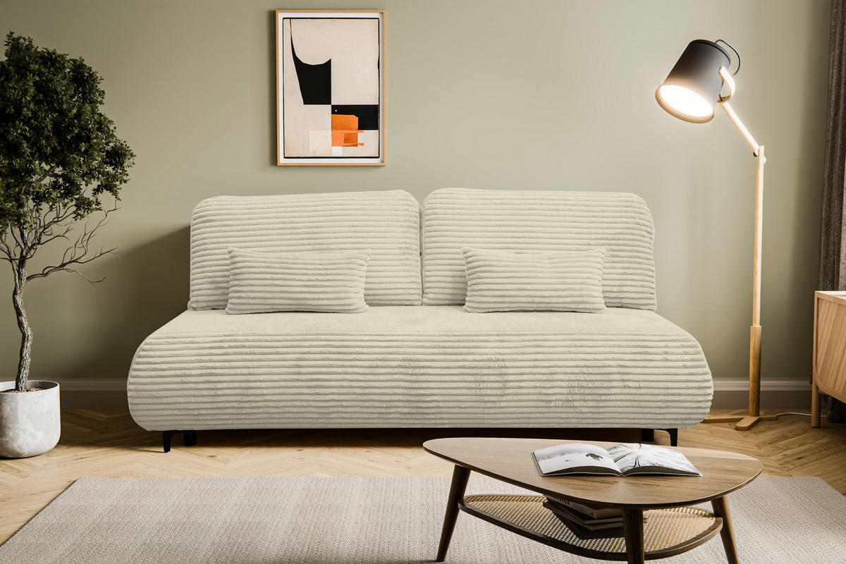 SCHLAFSOFA Etna, Sofa mit Schlaffunktion und Bettkasten, Farbe: Beige, Cordstoff, Ottomane Unsiversal - Beige, Textil (205/90cm) - VENASI MÖBEL