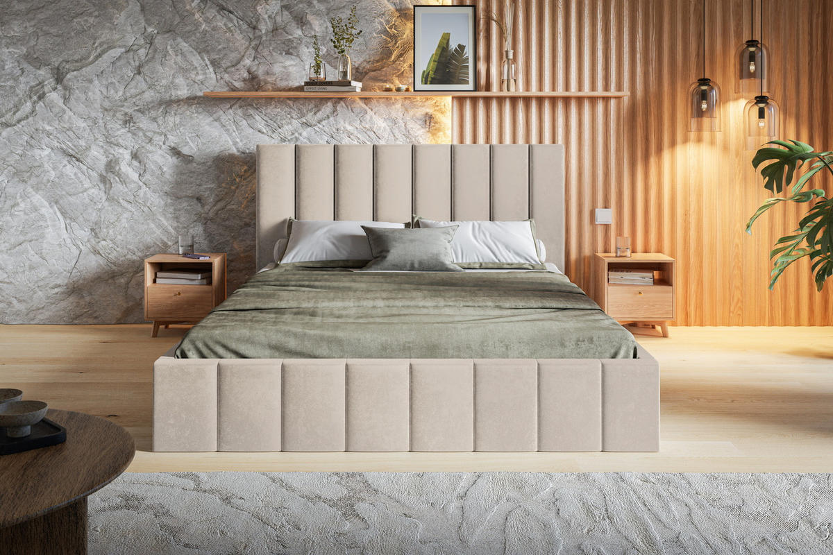 POLSTERBETT 180x200 Moris mit Kopfteil, Bettkasten Lattenrost, Beige - Beige, Holz/Textil (180/200cm) - Emporius