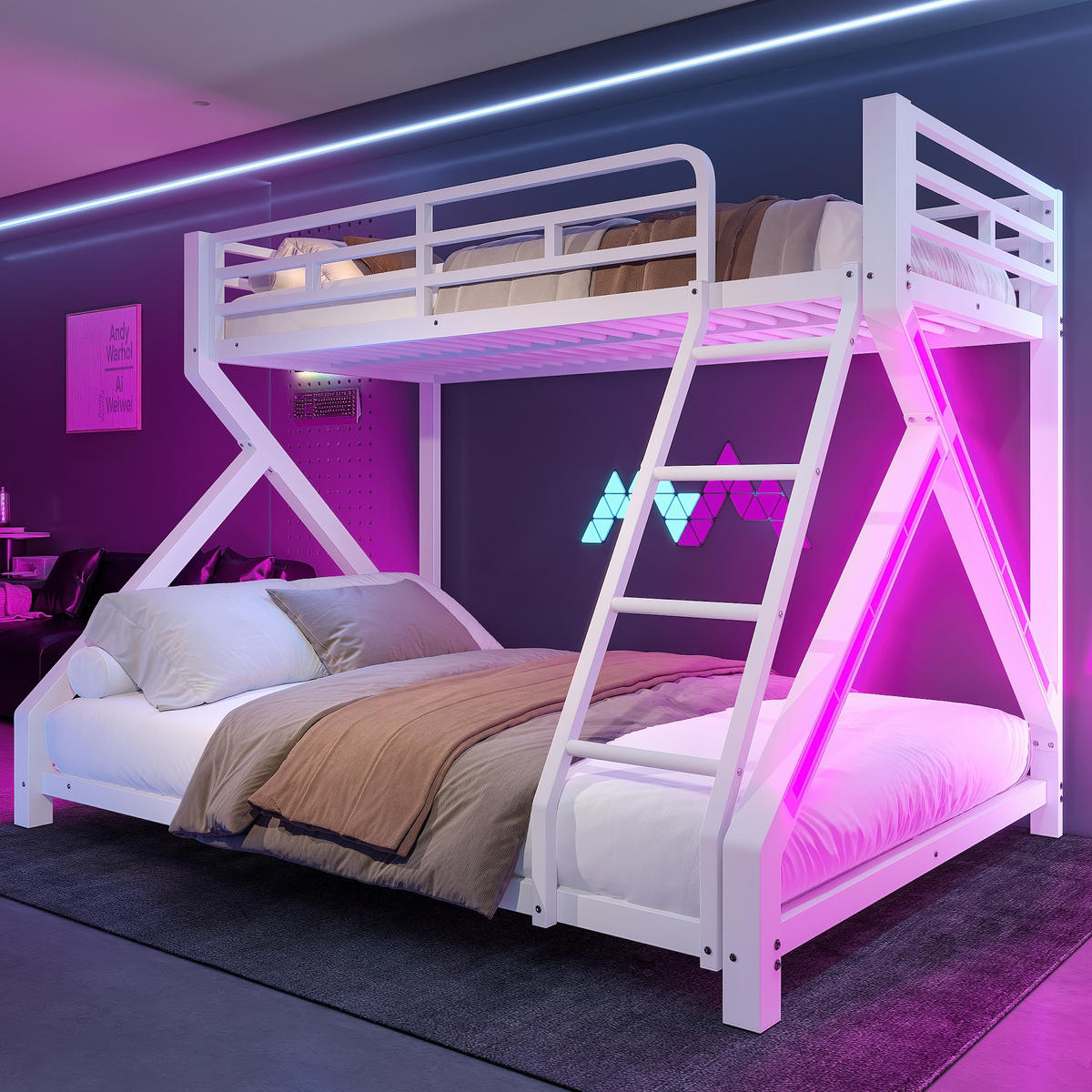 ETAGENBETT 90/200 cm & 140/200 cm in Weiß mit LED, Sicherheitsgeländer und Leiter - Weiß, Metall (90/200cm) - STILVORA
