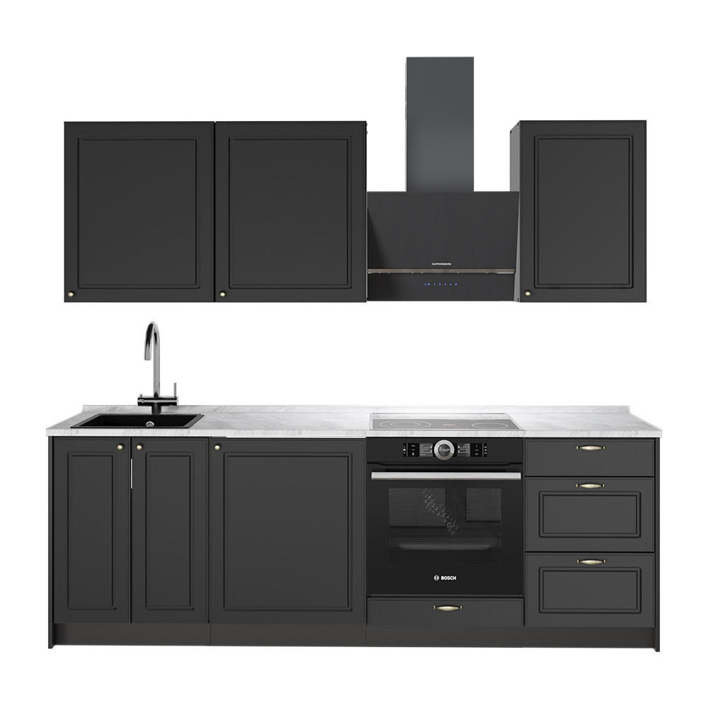 KÜCHENZEILE Fame-Line, Anthrazit-Gold Landhaus/Anthrazit, 230 cm, AP Marmor - Anthrazit, Holzwerkstoff (230/82/60cm) - Vicco
