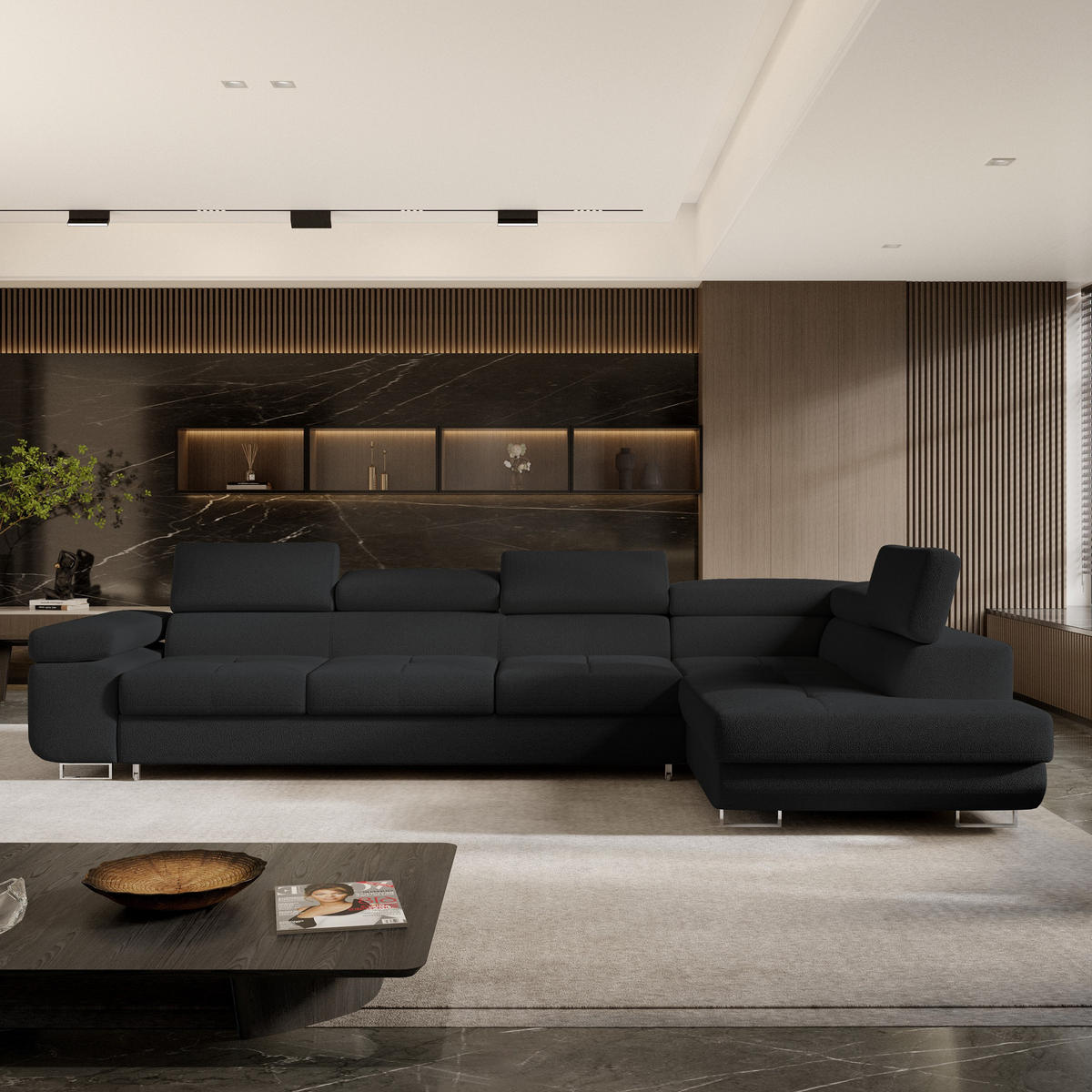 ECKSOFA VICENTE Schwarz Boucle-Stoff mit Schlaffunktion - Schwarz, Holz (346/202cm) - MASSENO