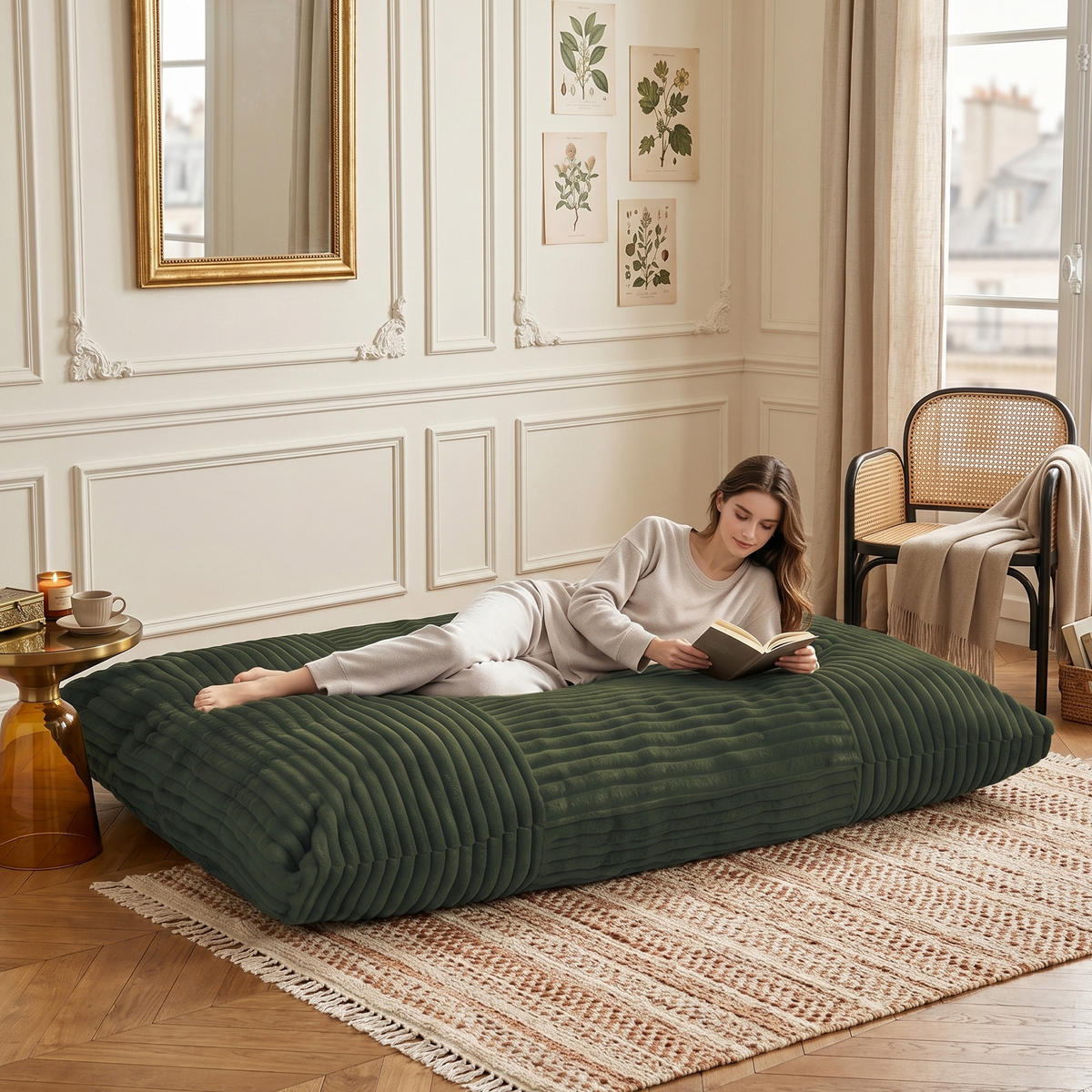 SITTSÄCK XXL 3-I-1 i Manchester som Fåtölj, Soffa och Säng - Grön, Textil (180/25/125cm) - Urban Meuble