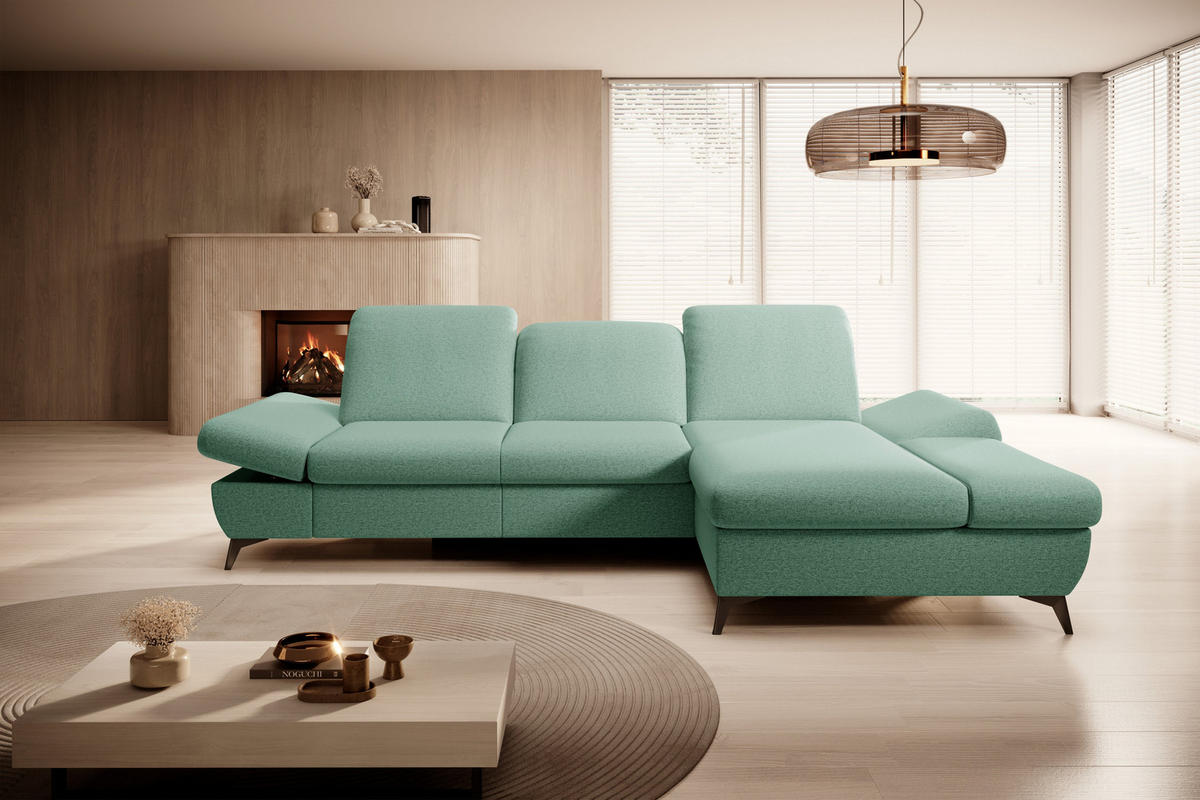 ECKSOFA FELICE R-S Grün Geflochtener Stoff mit Schlaffunktion - Grün, Holz (284/166cm) - MASSENO