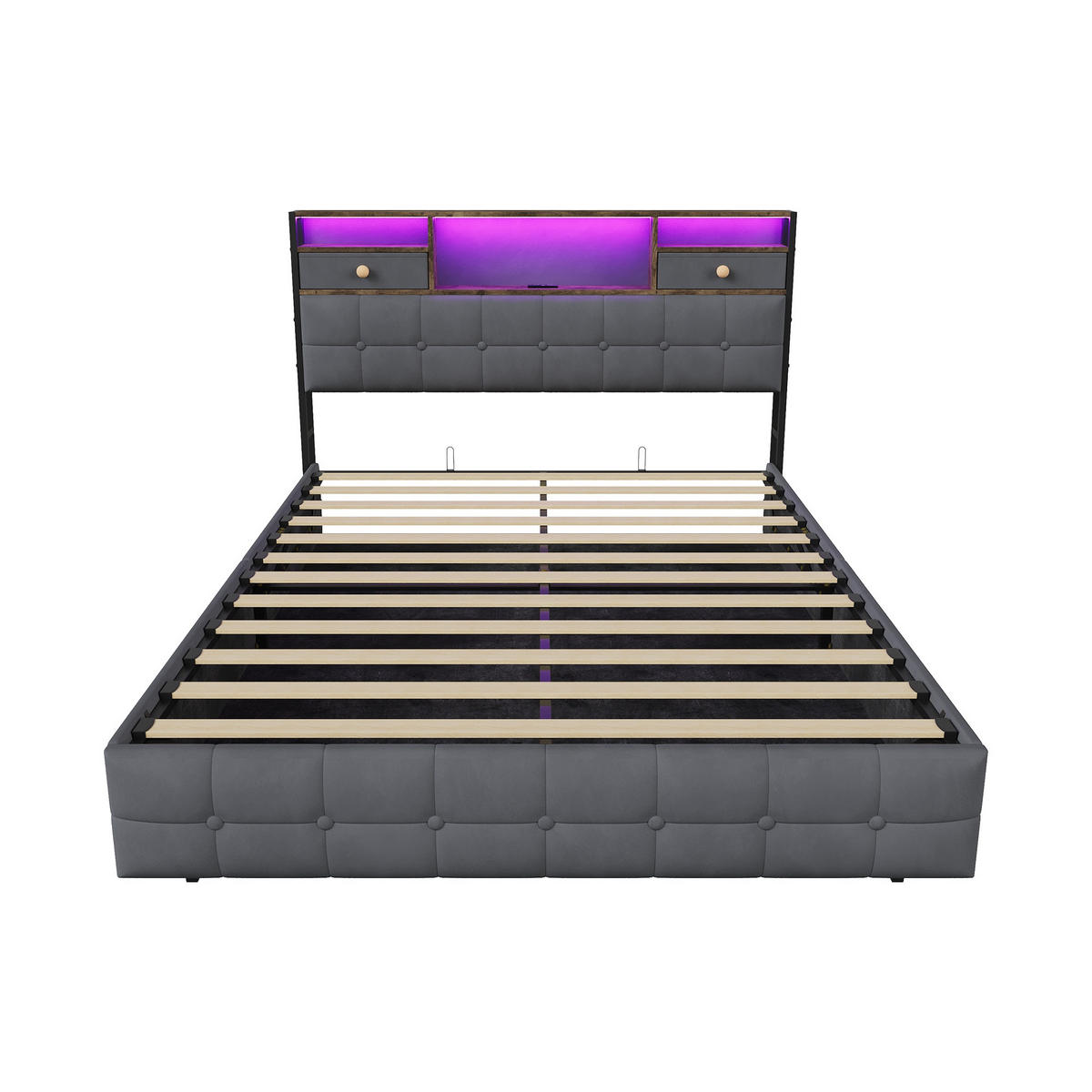 BETT mit hydraulischem Bettkasten, 140/200 cm, mit Samtbezug, LED-Beleuchtung und USB-Anschlüssen, Grau - Grau, Textil/Metall (140/200cm) - Waldena