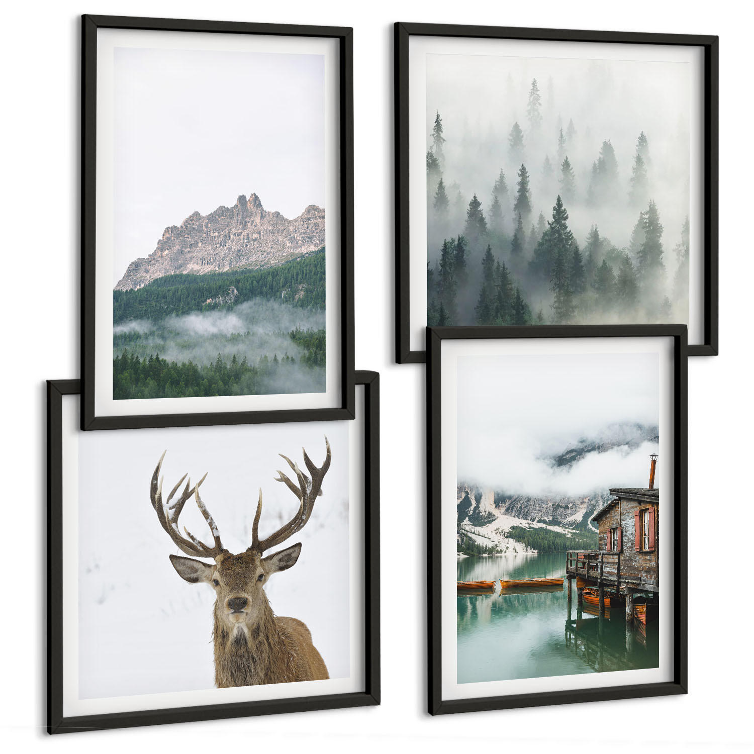 BILDER SET 4er Set - 50x50 cm & 40x60 cm Schwarzer Rahmen - Berge, See, Hirsche, Hütte, Nebel - Schwarz, Kunststoff (50/50cm) - TULUP