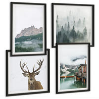 BILDER SET 4er Set - 50x50 cm & 40x60 cm Schwarzer Rahmen - Berge, See, Hirsche, Hütte, Nebel - Schwarz, Kunststoff (50/50cm) - TULUP