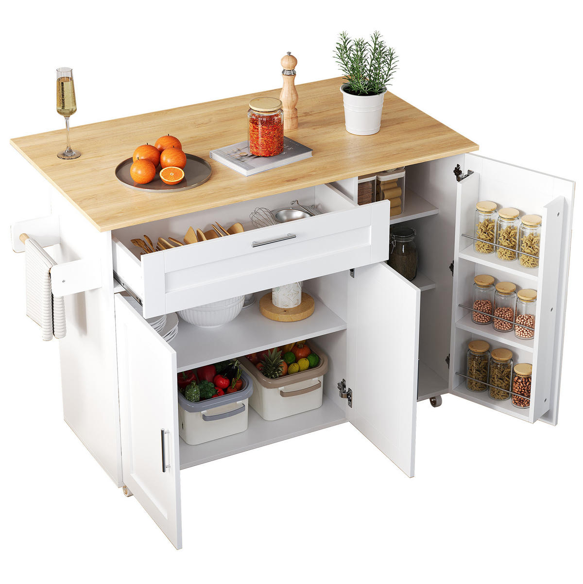 KÜCHENWAGEN 132,5/44(70)/90 cm in Weiß/Eicheoptik mit klappbarer Arbeitsplatte - Weiß, Holzwerkstoff (132.5/90/70cm) - Flora Grace