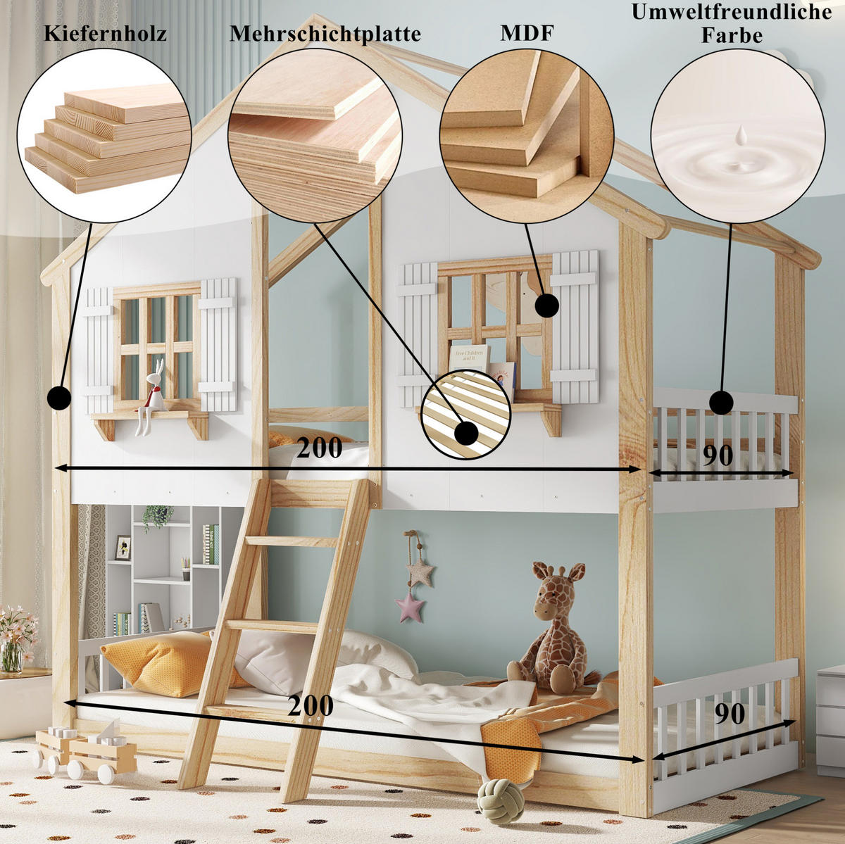 ETAGENBETT mit Fenster und Dach, Weiß/Natur, 90/200 cm, ohne Matratze - Weiß, Holz (90/200cm) - MIVRAY