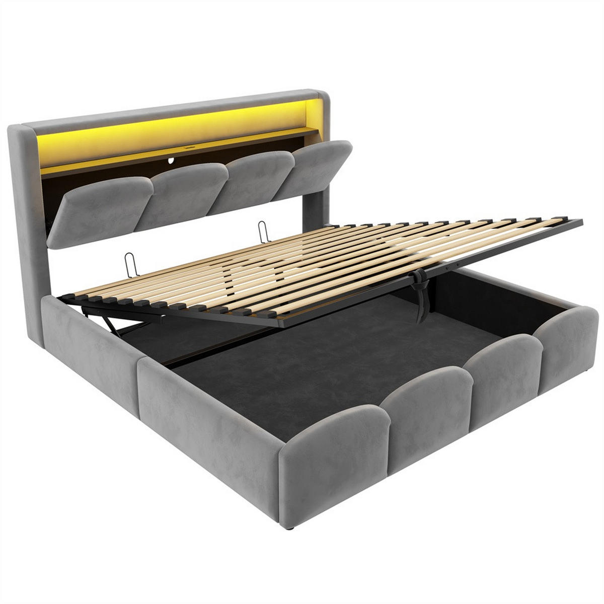 POLSTERBETT 140x200 cm mit KopfteilStauraum & hydraulischem Stauraum - USB und Type-C & LED - Grau - Grau, Textil (140/200cm) - DELFA
