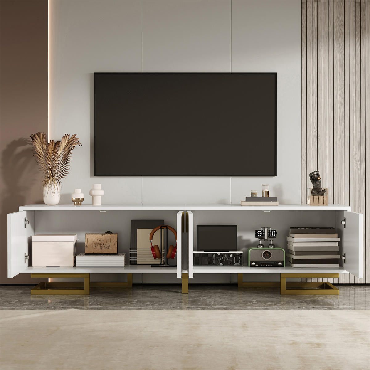 TV-ELEMENT160X38X44,5CM Weiß Lowboard Mit Strukturierten Türen Und Gold Beinen - Weiß, Holz (47.12/25.78/93.35cm) - Raelunyi