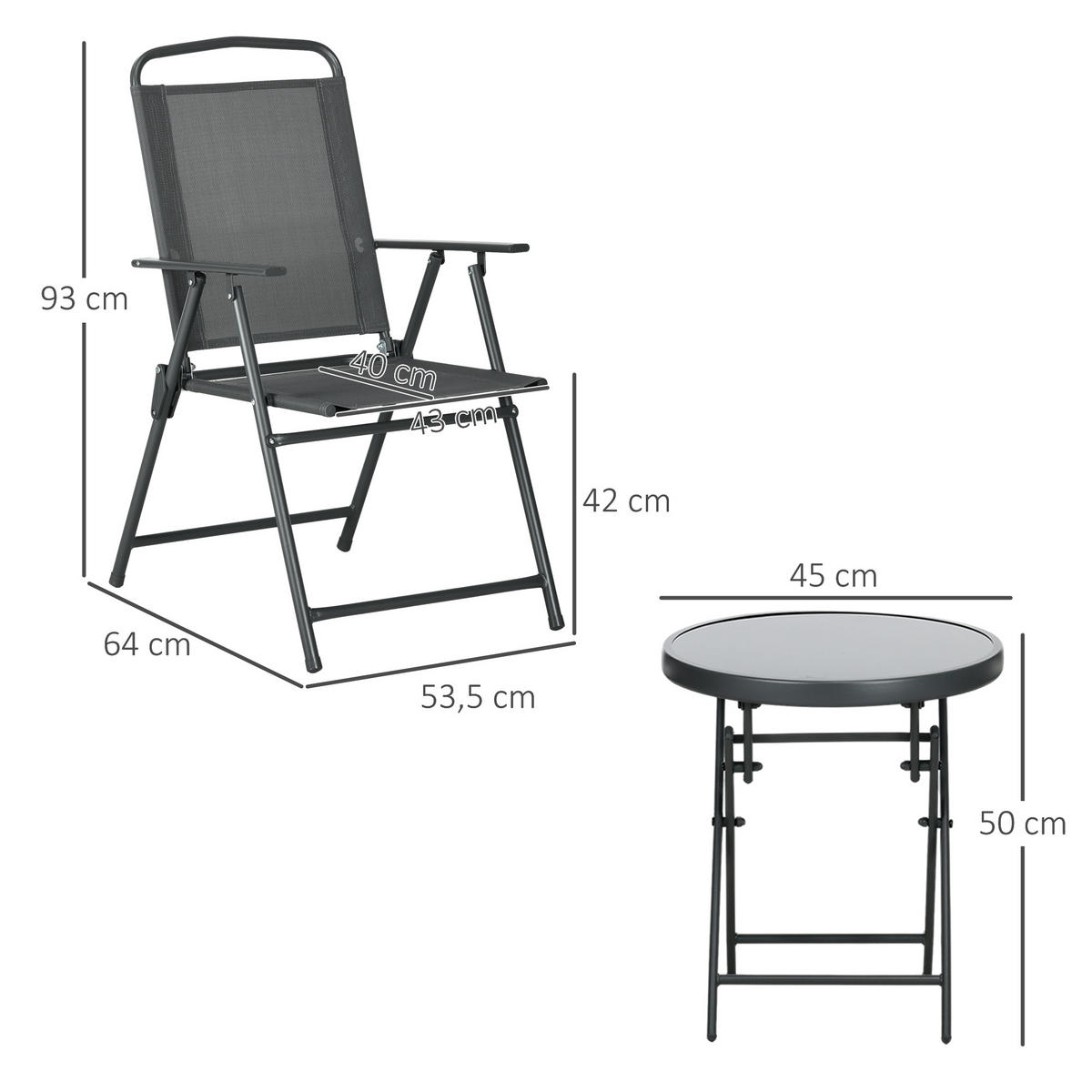 BISTRO-SET DE-07313 3-teilig, klappbar mit Glastisch Dunkelgrau - Dunkelgrau, Metall - ComfortXL
