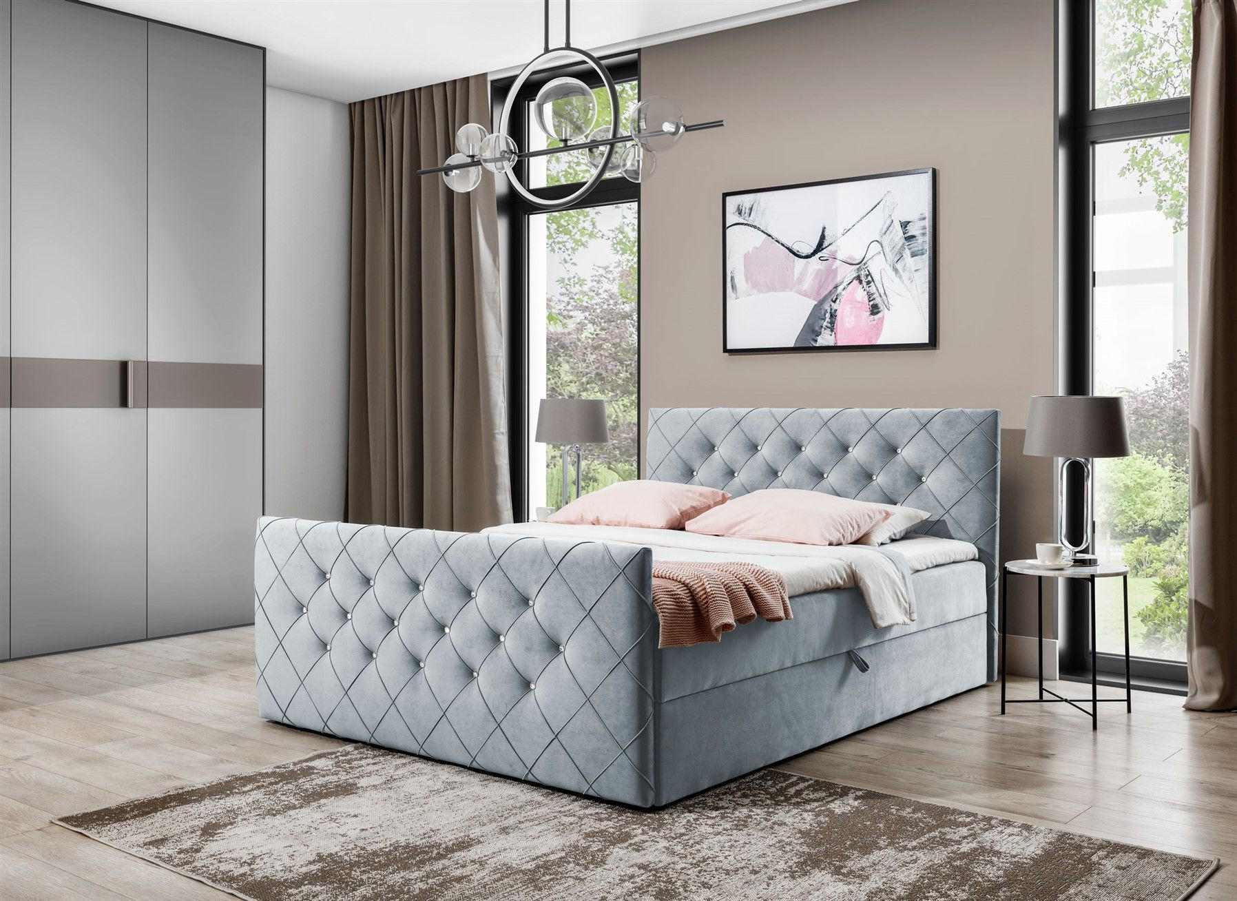 BOXBETT Eivor In Stoff überlänge - Hellgrau, Holzwerkstoff/Textil (200/220cm) - Fun Möbel