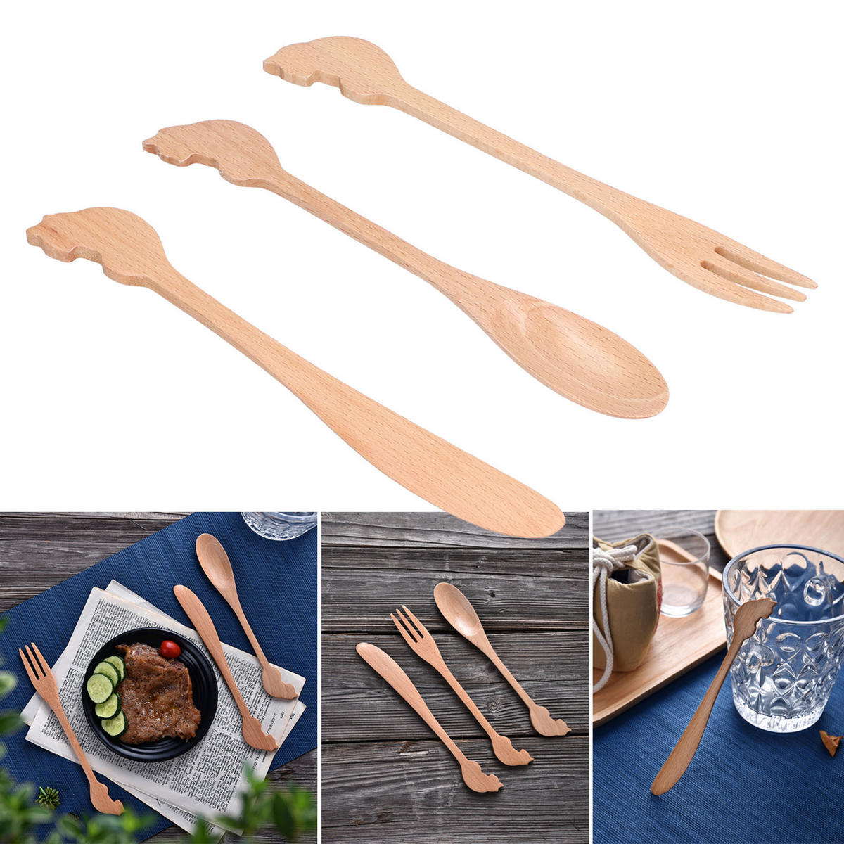 BESTECK-SET, 3-teilig, Buchenholz, Katzen-Design, spülmaschinenfest - Naturfarben, Metall